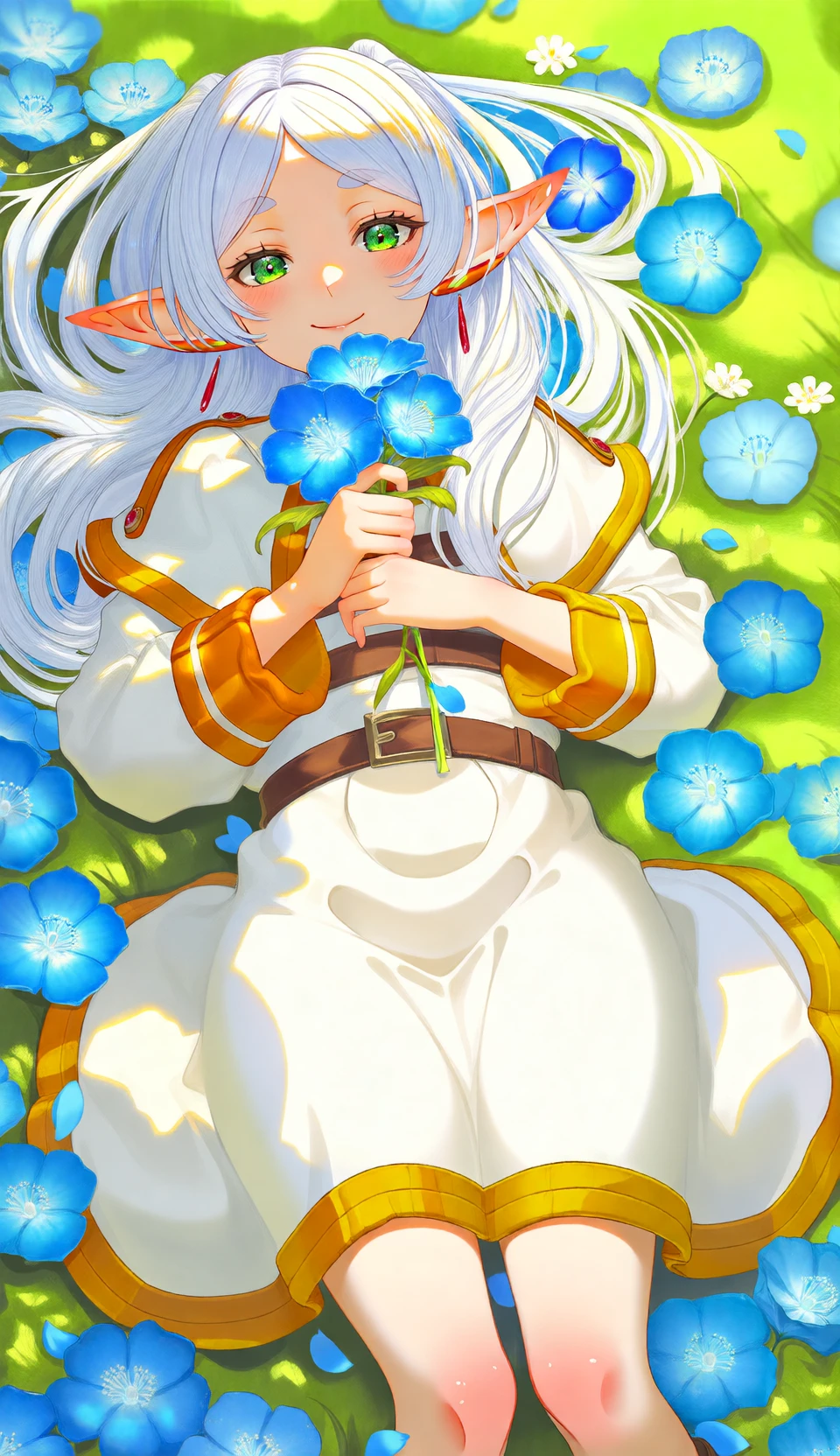 frieren, 1girl, solo, pointy ears, lying, white dress, long hair, flower field, holding flower, on back, blue flower, holding, closed mouth, smile, elf, green eyes, outdoors, white hair,
live2d animation, high quality cinematic video of frieren laying on her back in a field of flowers.
The Camera is panning downwards. This is a full body shot. The animation is smooth and fluid.
masterpiece, best quality