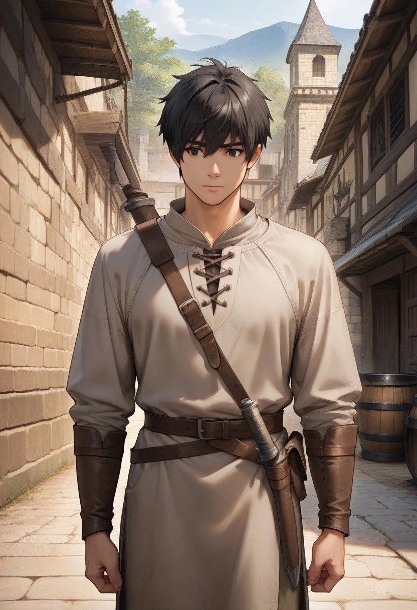 ((Anime)), ((male only, male focus)), ((perfect anatomy, high quality, high resolution, perfect eyes)), ((exact look)), ((handsome, cute, attractive, good-looking)), ((1boy, 1male, solo male only, one male only)), Asian Male, Male Cosplayer, black hair, black eyes, ((medieval clothing)), ((tall body, tall height)), ((facing front, facing viewer)), ((medieval setting, medieval town)), ((cowboy shot, head to hips shot))