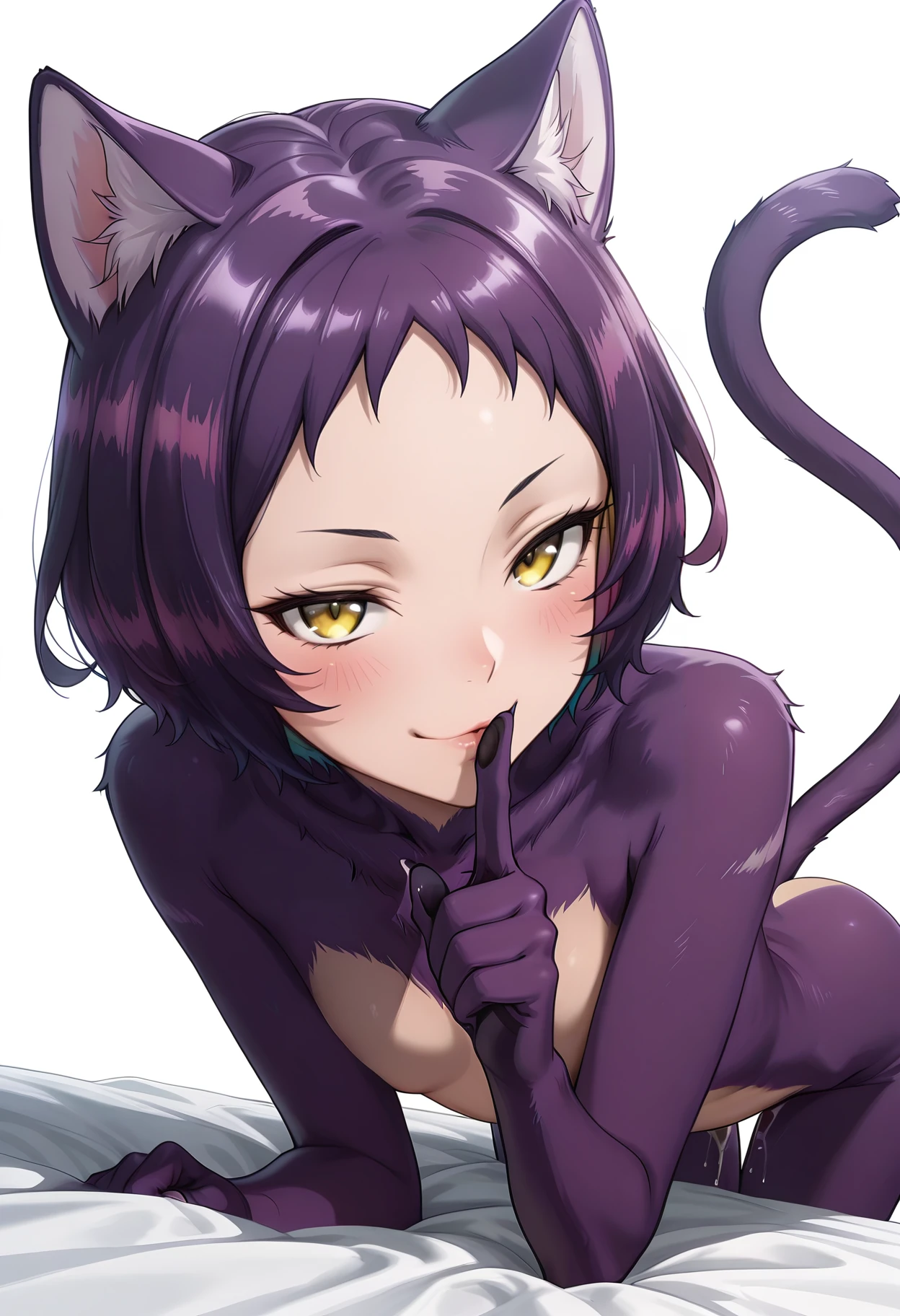 Smooth Quality,masterpiece, ultra realistic, masterpiece,
simple background, white background,
dynamic angle,naughty face,
shushing,
topless, petite, skinny, bed sheet, after anal, blush,
<lora:Myaley_Cnn:0.8> myaley/cnn, cat girl, short hair, cat ears, purple hair, yellow eyes, multicolored hair, cat tail,solo,(body fur:1.1),fur,petite, skinny,