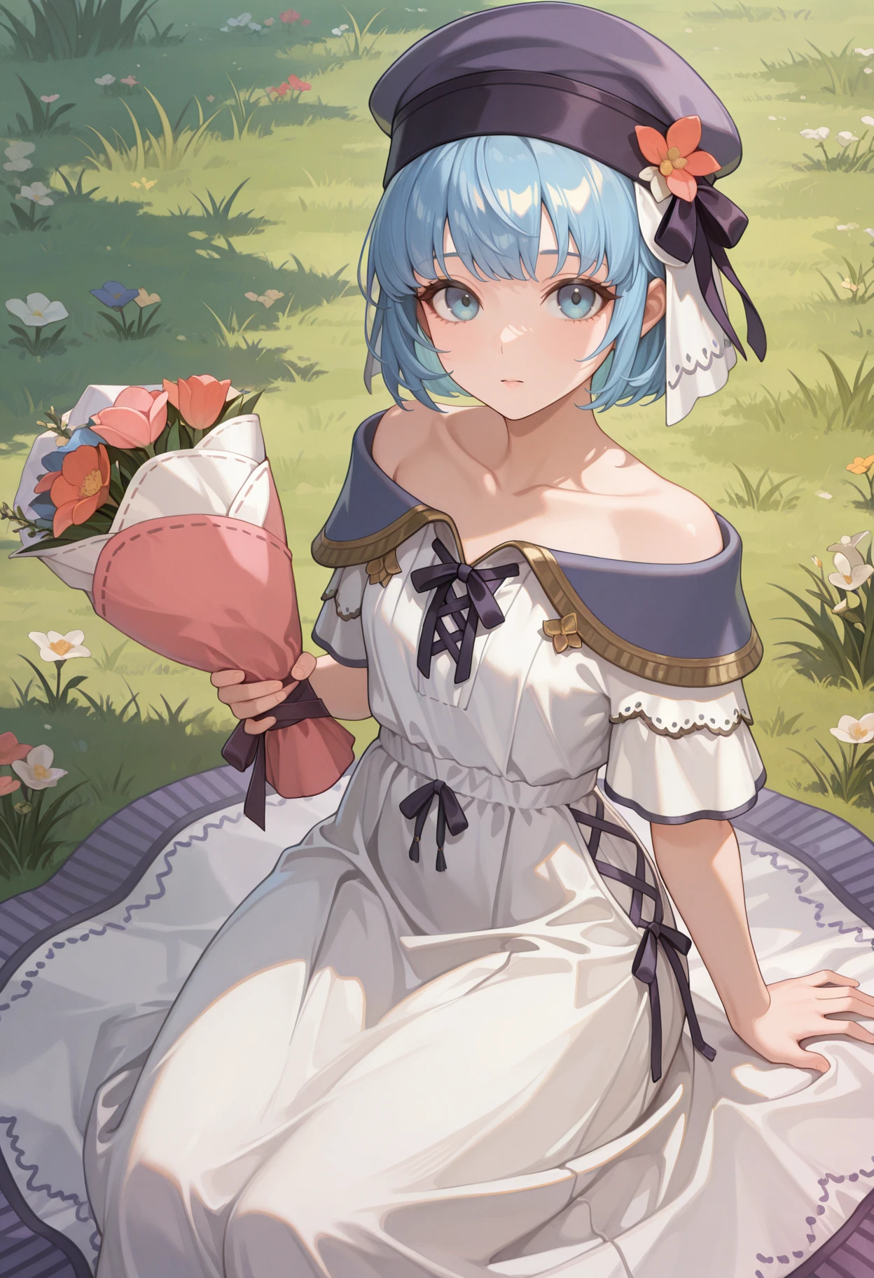 masterpiece, best quality, absurdres, highres, newest, 1girl, solo, <lora:silque-fe-richy-v1_ixl:1> silquepicnic, blue hair, short hair, blue eyes, headdress, beret, hair flower, hair ribbon, white dress, collarbone, off shoulder, outdoors, grass, looking at viewer, holding bouquet, flower,