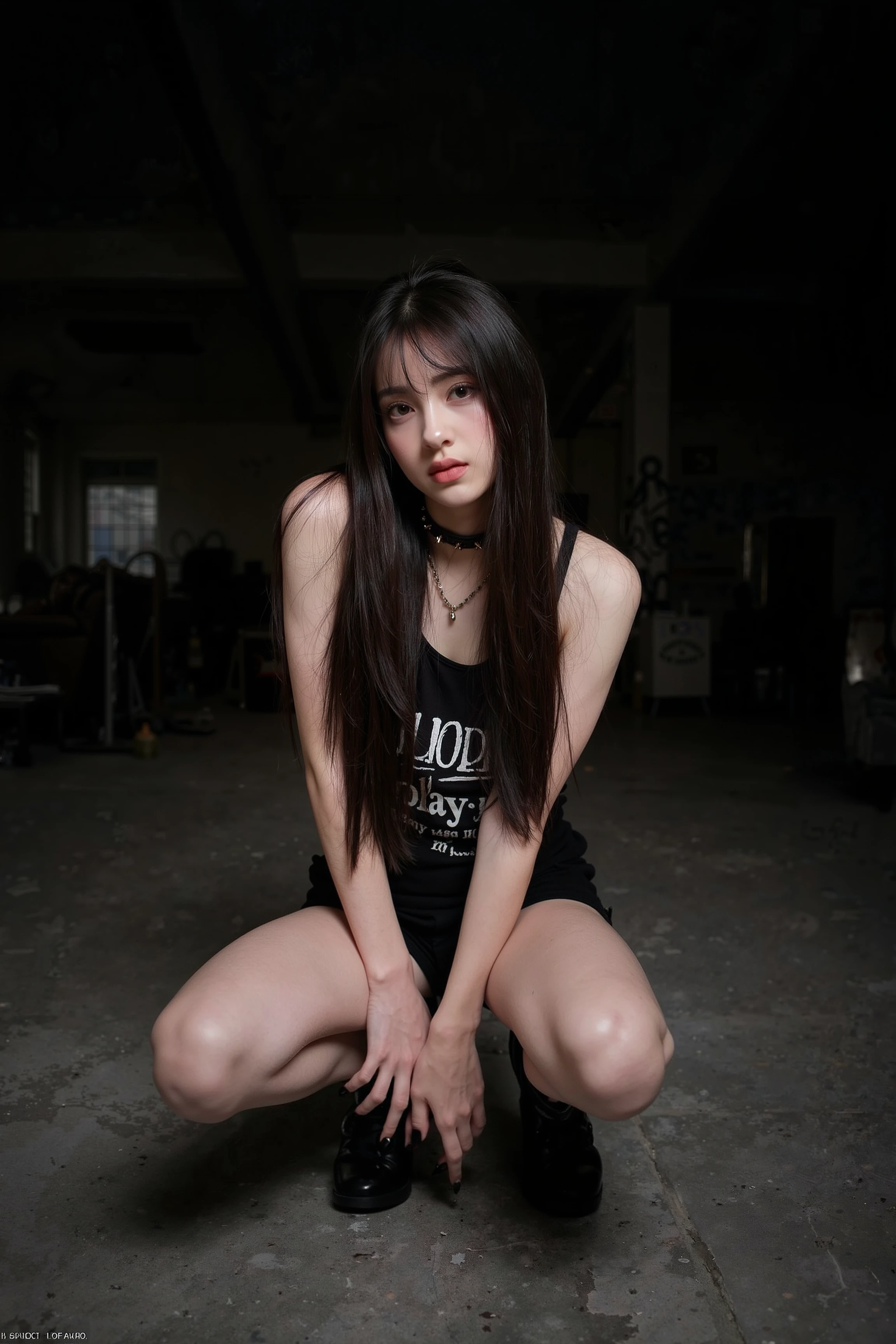 21yo girl, long hair, messy hair, stand pose. (wear police vest only). (wear black panties and black sneakers). Her skin shows a realistic texture with slight imperfections and freckles. plumpy, cleavage. The background is slightly blurred, focusing attention on her expressive eyes and the detailed. black cinematic background.