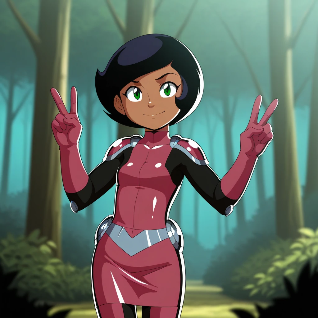 masterpiece, best quality, Megan, 1girl, solo, black hair, short hair, green eyes, dark skin, bodysuit, armor, skirt, cowboy shot, double v, <lora:Megan_SpieZ_illustrious_Leaf1:1>, forest, depth of field,
