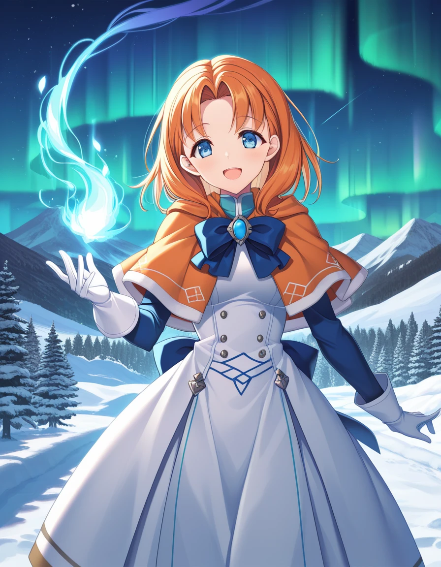 (sankuro), <lora:1_illu_sankuro_25ev2:1>, 1girl, annette_fantine_dominic (post timeskip), fire emblem, orange hair, blue eyes, medium hair, parted bangs, orange capelet, brooch, blue bow, white gloves, long gloves, white dress, blue sleeves, smile, open mouth, magic, fjord, snow, aurora, (masterpiece, best quality, amazing quality),