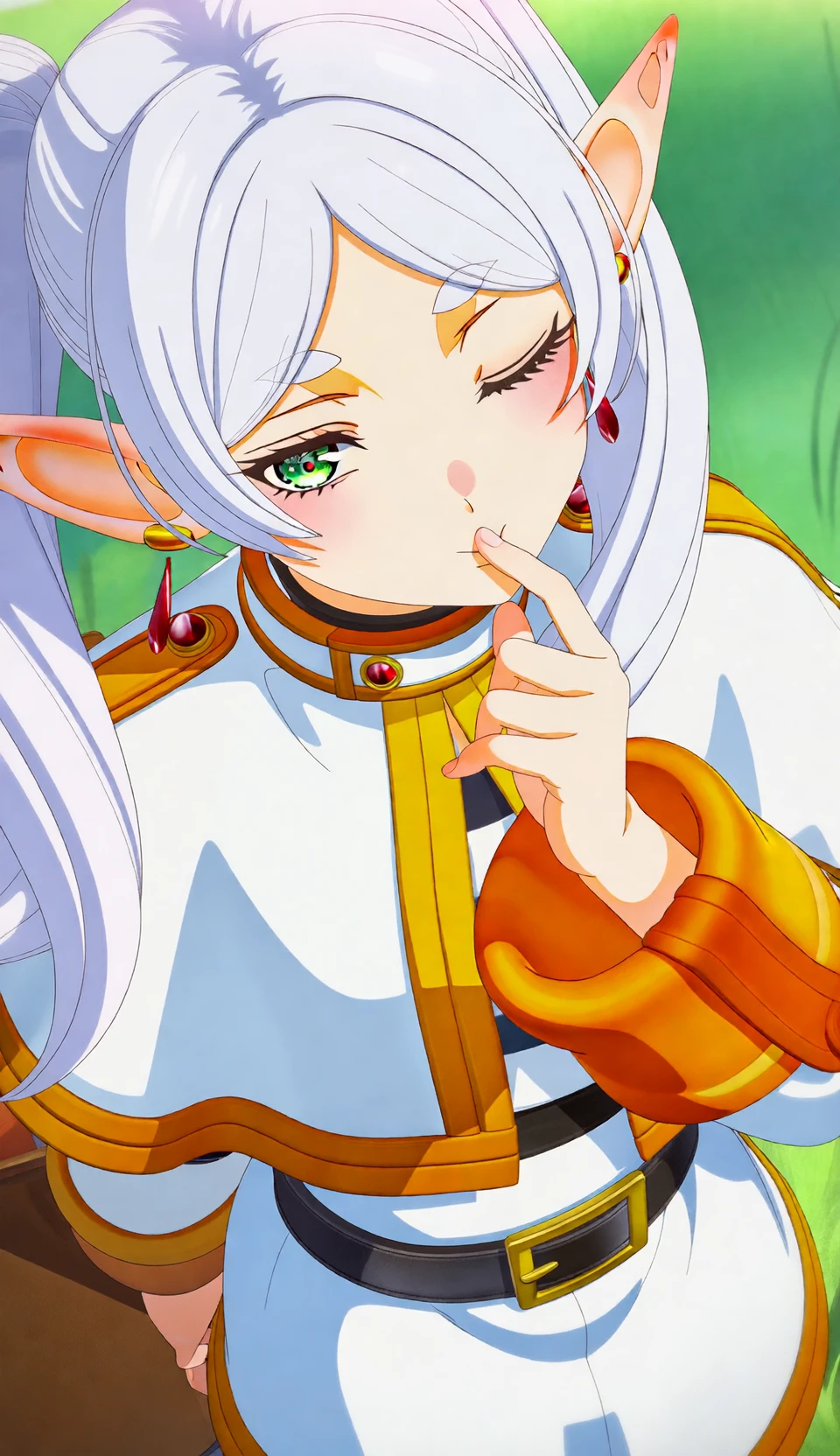 frieren blowing a kiss, solo, elf, green eyes, twintails, one eye closed, white capelet, long hair, earrings, black belt, looking at viewer, white hair, striped shirt, long sleeves, heart, outdoors, palm up,
live2d animation, upper body, high quality cinematic video of an elf blowing a kiss.
The Camera is steady, This is a cowboy shot. The animation is smooth and fluid.
masterpiece, best quality