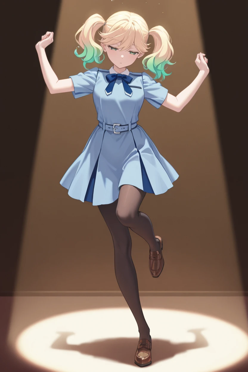 masterpiece, best quality, very aesthetic, newest, absurdres, highres,
1girl, solo,
 <lora:WatanabeSarasaIllustriousV1:1> watanabesarasa, blonde hair, green hair, multicolored hair, gradient hair, curly hair, green eyes,  twintails, 
 <lora:BokuWaSonzaiDressIllustriousV1:1> bokuwasonzaidress, pleated dress, blue dress, blue bowtie, belt, short sleeves, black pantyhose, brown footwear, 
spotlight, half-closed eyes, full body, standing on one leg, dancing, hands up,