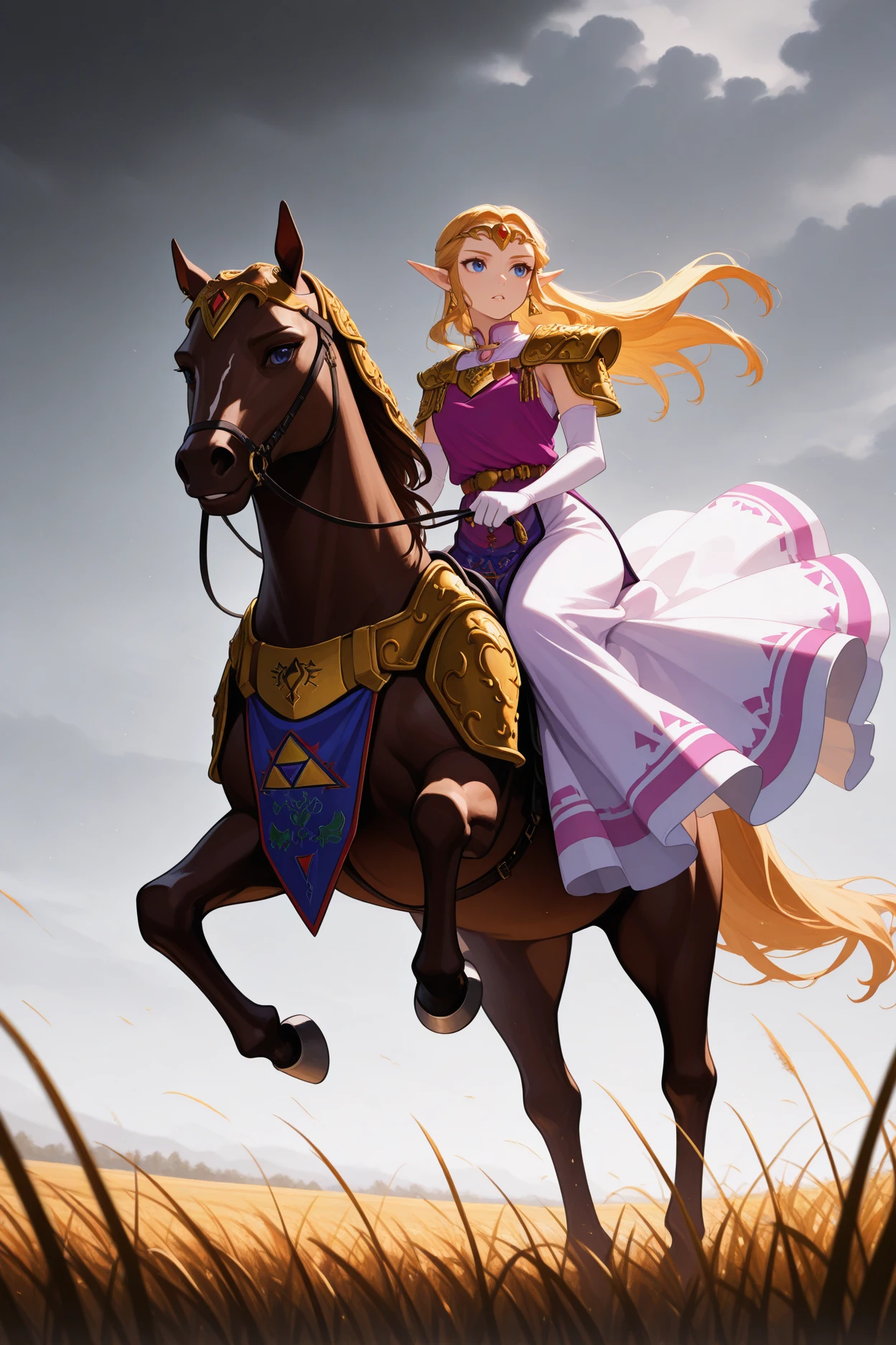 masterpiece, best quality, 1girl, solo <lora:ootzelda-illu-nvwls-v1-000006:1> ocarzl, blonde hair, long hair, sidelocks, blue eyes, pointy ears, gold tiara, earrings, gold armor, shoulder armor, long dress, white dress, magenta tunic, sleeveless tunic, tabard, elbow gloves, white gloves, riding horse, horseback, serious, wide shot, dark skies, grey sky, field, tall grass, wind, full body, parted lips, looking to the side