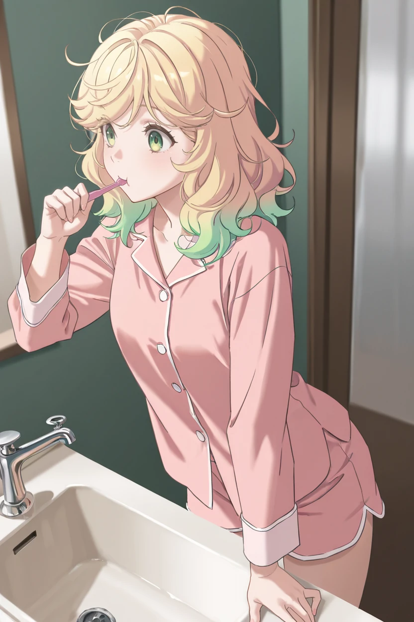 masterpiece, best quality, very aesthetic, newest, absurdres, highres,
1girl, solo,
 <lora:WatanabeSarasaIllustriousV1:1> watanabesarasa, blonde hair, green hair, multicolored hair, gradient hair, curly hair, green eyes,  loose hair, messy hair, 
bathroom, shirt, shorts, pajamas, toothbrush, sink, faucet