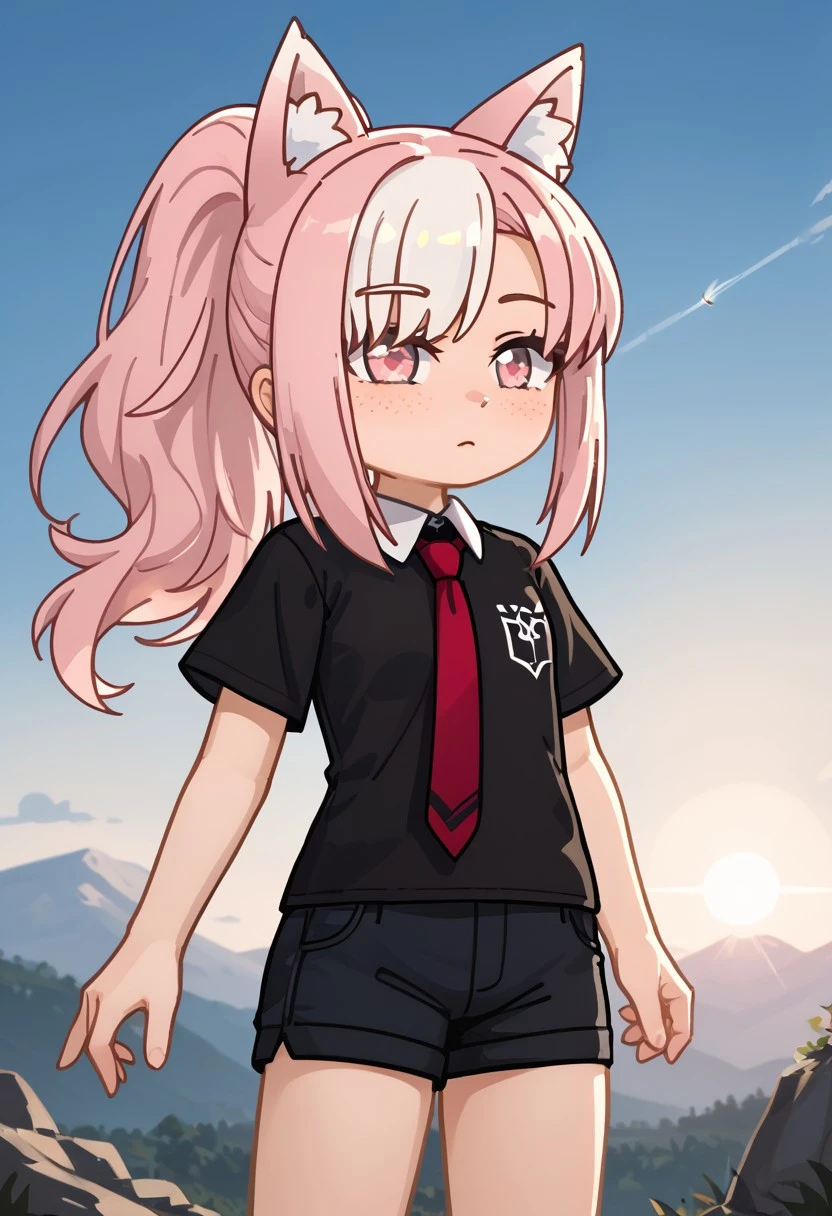 score_9,score_8_up,score_7_up,score_6_up, hair fluttering in the wind, dynamic lighting, medium shot, Oldliss, GachaOldLiss, Gacha, girl, animal ears, pink hair, long hair, white bangs, shorts, ponytail, pink eyes, red necktie, black shirt, black shorts