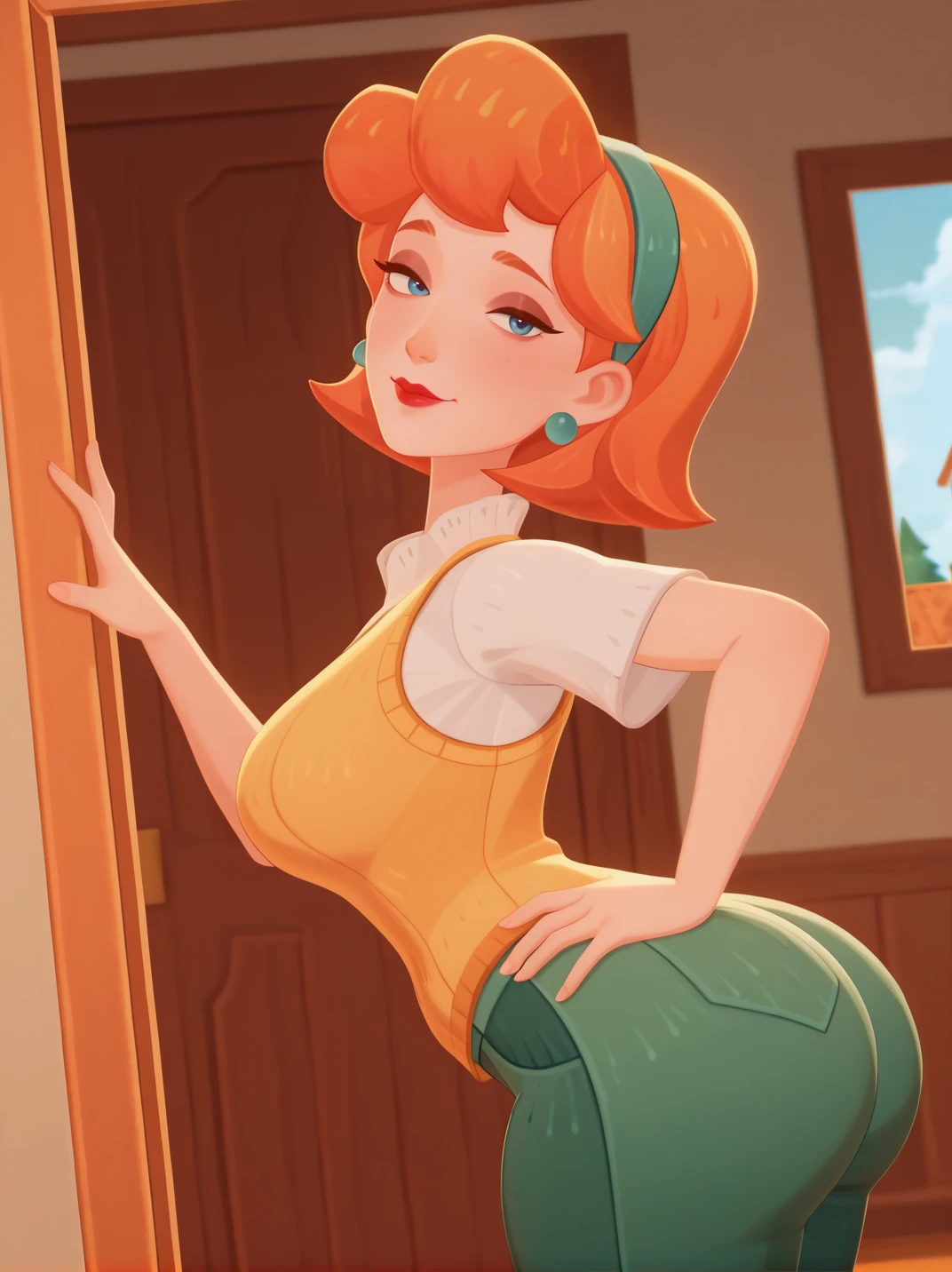 highres, hi res, best quality, masterpiece, AFKstyle, 3d,
1girl, (LindaXL),, orange hair, short hair, blue eyes, hairband, earrings, white shirt, yellow vest, lipstick, green pants,, curvy, mature female,
light smile, dutch angle, naughty pose, looking at viewer, indoors, house, solo, dynamic pose, cowboy shot, head tilt, leaning forward, hands on hips, big ass, from side, naughty face
<lora:LyndaXL-ILV2:0.8>, <lora:AAFKjourneyXL_style:1>
