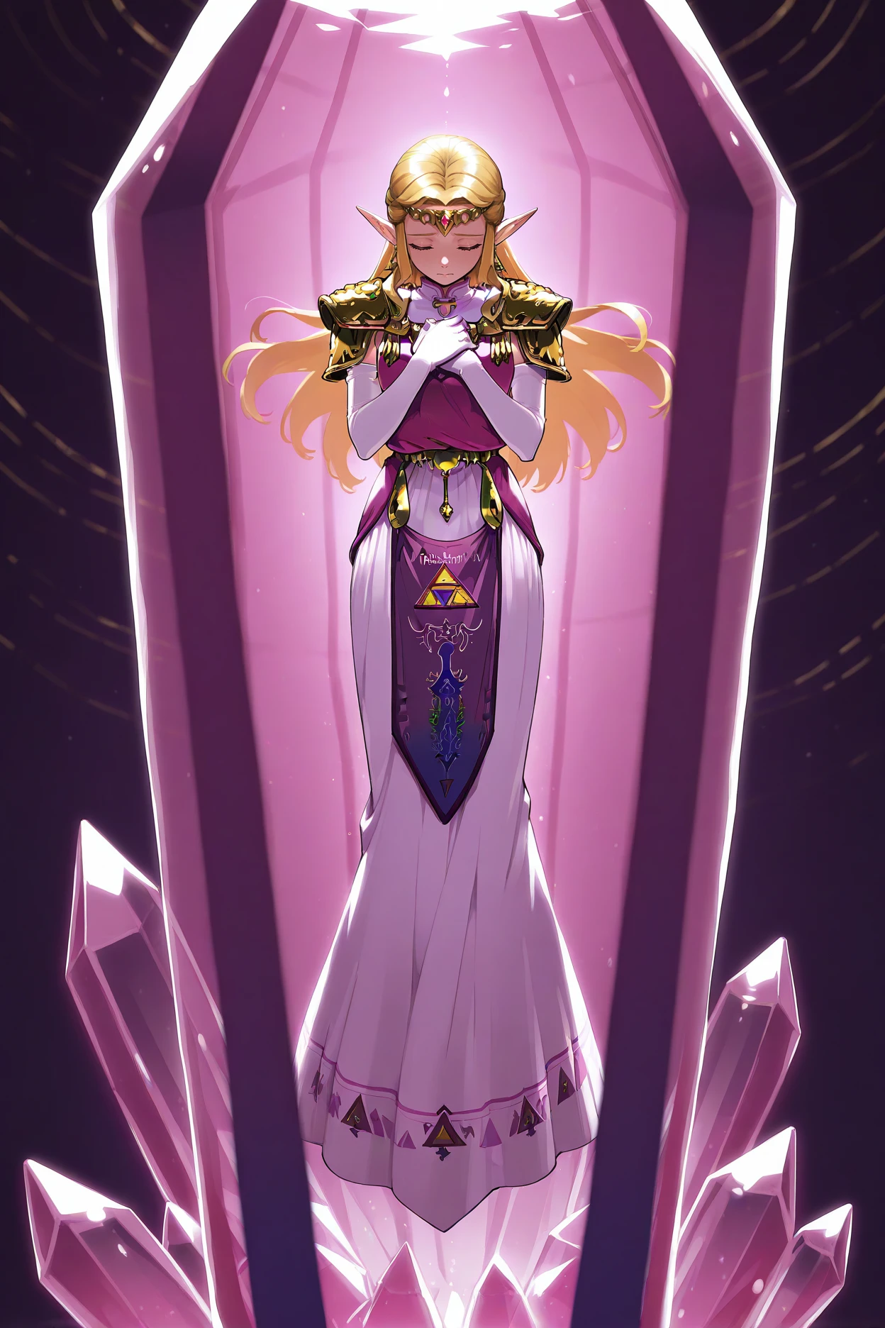masterpiece, best quality, 1girl, solo <lora:ootzelda-illu-nvwls-v1-000006:1> ocarzl, blonde hair, long hair, sidelocks, pointy ears, gold tiara, earrings, gold armor, shoulder armor, white dress, magenta tunic, sleeveless tunic, tabard, elbow gloves, white gloves, inside crystal <lora:Inside_Crystal:0.7> closed eyes, sad, abstract background, floating, hands on own chest