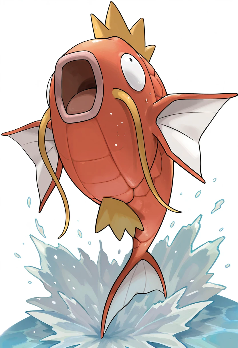 masterpiece, best quality, no humans, ,<lora:MagikarpPokedex_IXL:1.0>, zzMagikarp, open mouth, simple background, white background, full body, water, black eyes,