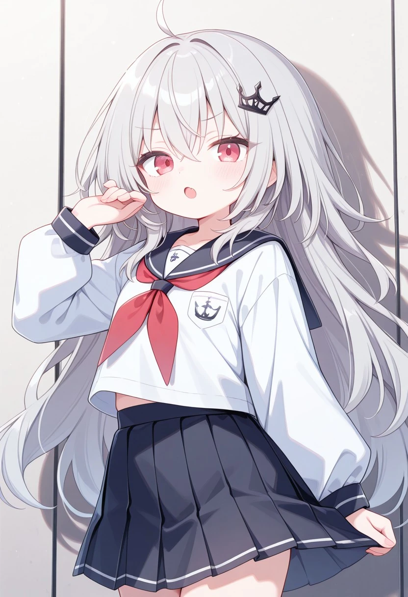 Long head with white hair, cute, red eyes, low cat ears, blushing, vaginal water, making sounds, panting, loli, white stockings, skirt pulled up, leaking out of the lower body