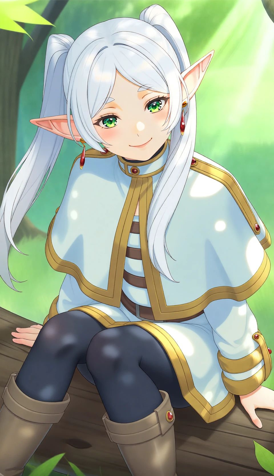 frieren, pointy ears, solo, twintails, white hair, earrings, green eyes, upper body, white capelet, smile, bangs, from below, foot dangle, boots, tree shade, dappled sunlight,
live2d animation, high quality cinematic video of frieren sitting on a log.
The Camera is panning upwards, This is a composite full body shot. The animation is smooth and fluid.
masterpiece, best quality, very awa