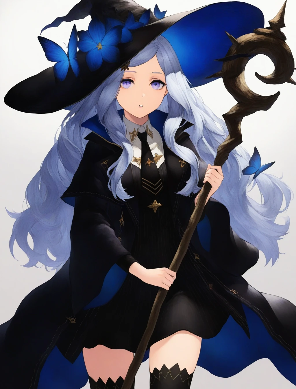 general,highres, ultra-detailed,very aesthetic,best quality ,best hands, BREAK <lora:Saryu_NieR_Reincarnation_IS:1>
Saryu(NieR_Reincarnation), 1girl, solo, long hair, grey hair, hair ornament, purple eyes, witch, witch hat, long sleeves, coat, blue hair, blue butterfly,
hat, staff, holding, thighhighs, holding staff, blue eyes, simple background, bug, necktie, butterfly, looking at viewer, black thighhighs, collared shirt, shirt, skirt, cowboy shot, parted lips, black headwear, white background, wide sleeves, white shirt, zettai ryouiki, black skirt, dress, grey background, jacket, black dress, black necktie, standing