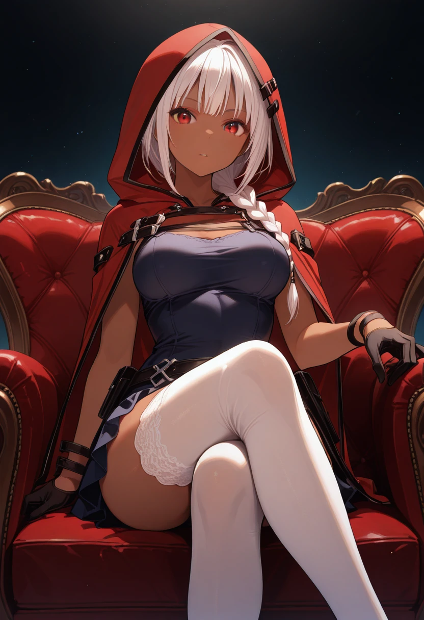 masterpiece, best quality, newest, absurdres, highres , <lora:LivvieGEIllustrious-000008:0.9>, LIVCOL, dark-skinned female, white hair, single braid, short dress, hood, white thighhighs, gloves, red couch, sitting, crossed legs, 1girl, solo, parted lips, looking at viewer,
