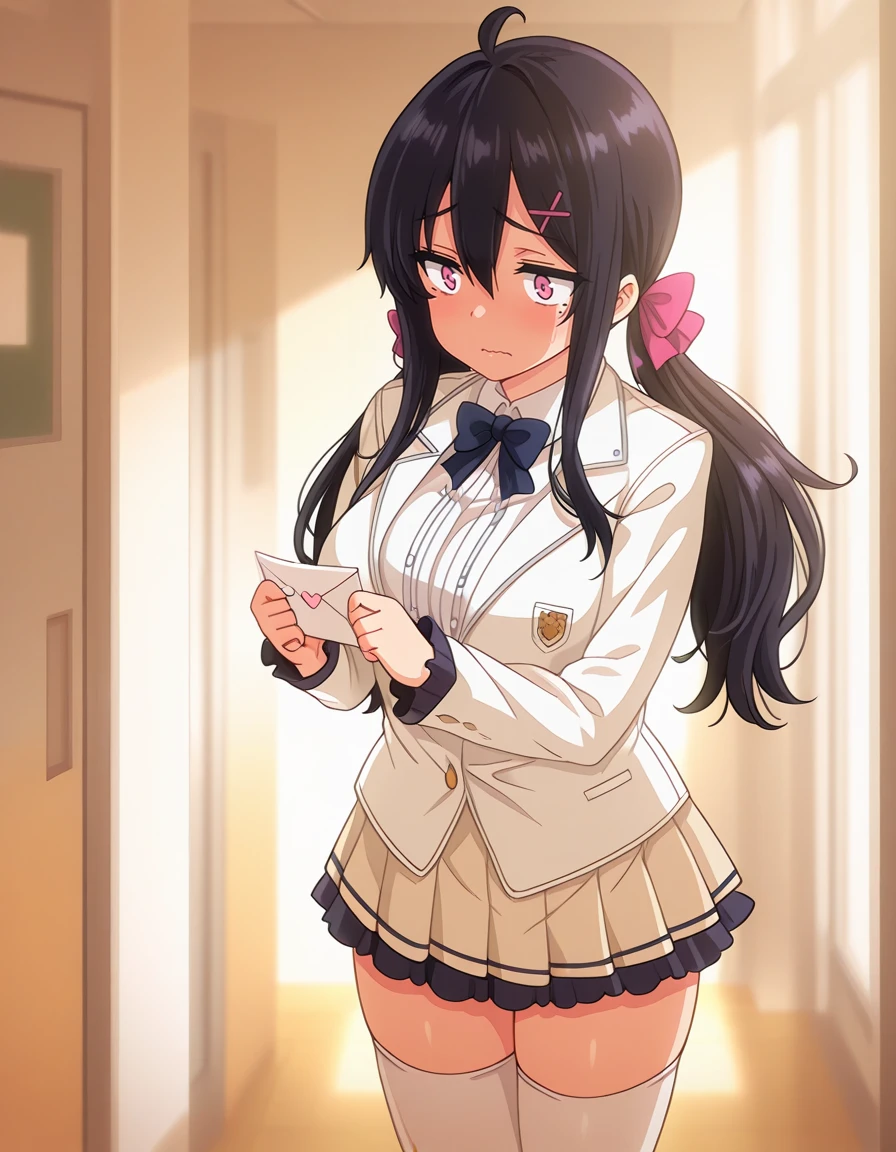masterpiece, best quality, amazing quality, depth of field,
1girl, solo, blurry background, looking around, worried, shoelocker, love letter, school, standing,
nonohara yuuka (nonohara yuka no himitsu no haishin), long hair, black hair, ahoge, hair between eye, x hair ornament, (mole under eye:0.5), sidelocks, pink eyes, low twintails, hair bow,
school uniform, white shirt, white blazer, blue bow, long sleeves, pleated skirt, white thighhighs, frills
<lora:nonohara_yuuka-nonohara_yuka_no_himitsu_no_haishin-ixl-anime-soralz:1>