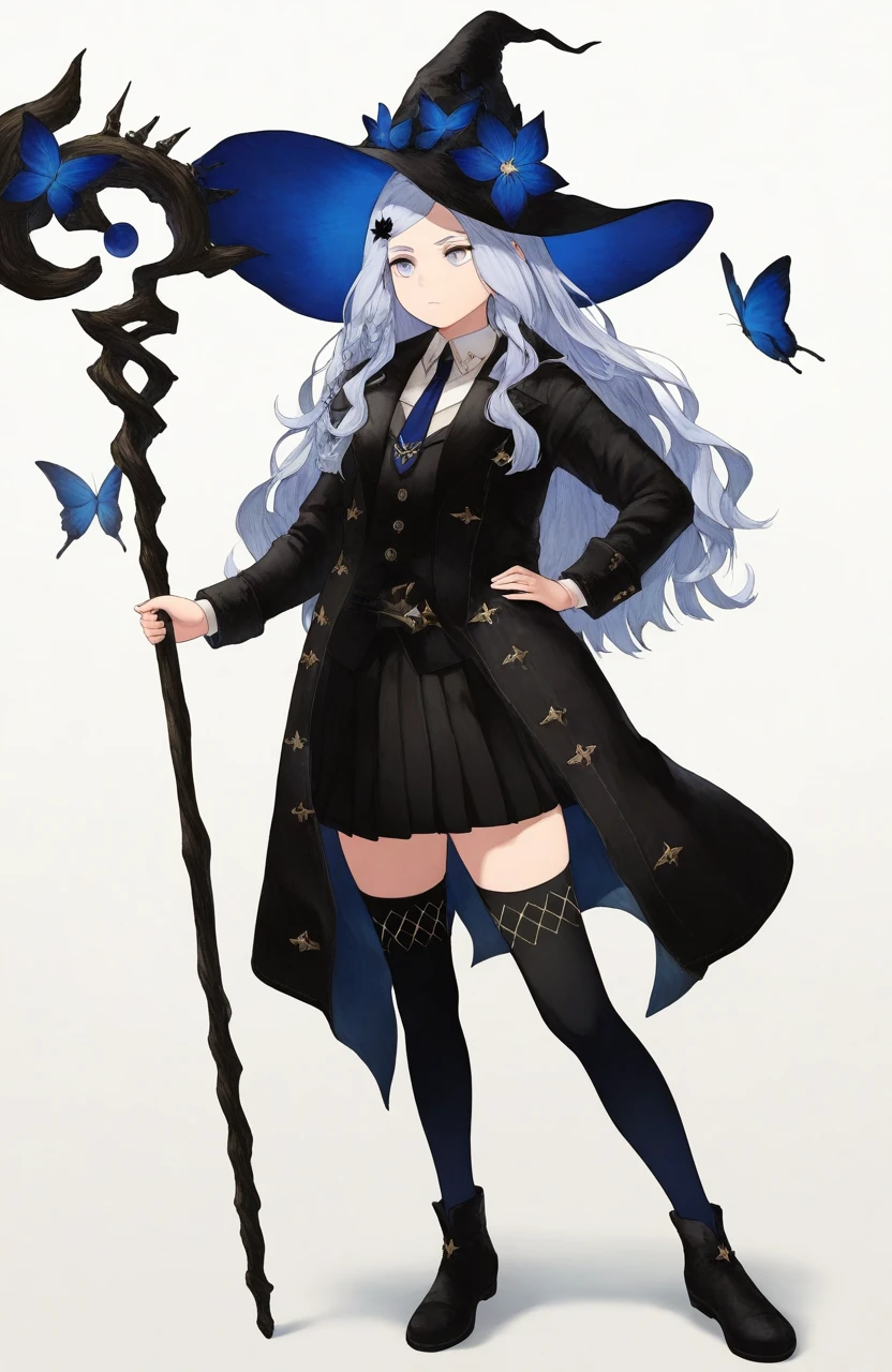general,highres, ultra-detailed,very aesthetic,best quality ,best hands, BREAK <lora:Saryu_NieR_Reincarnation_IS:1>
Saryu(NieR_Reincarnation), 1girl, solo, long hair, grey hair, hair ornament, purple eyes, witch, witch hat, long sleeves, coat, blue butterfly,
hat, thighhighs, staff, full body, holding, hand on hip, shoes, skirt, holding staff, standing, black footwear, black thighhighs, necktie, zettai ryouiki, black headwear, black skirt, closed mouth, pleated skirt, simple background, white background, braid, shirt, collared shirt, bug, blue eyes, white shirt, jacket, grey eyes, butterfly
