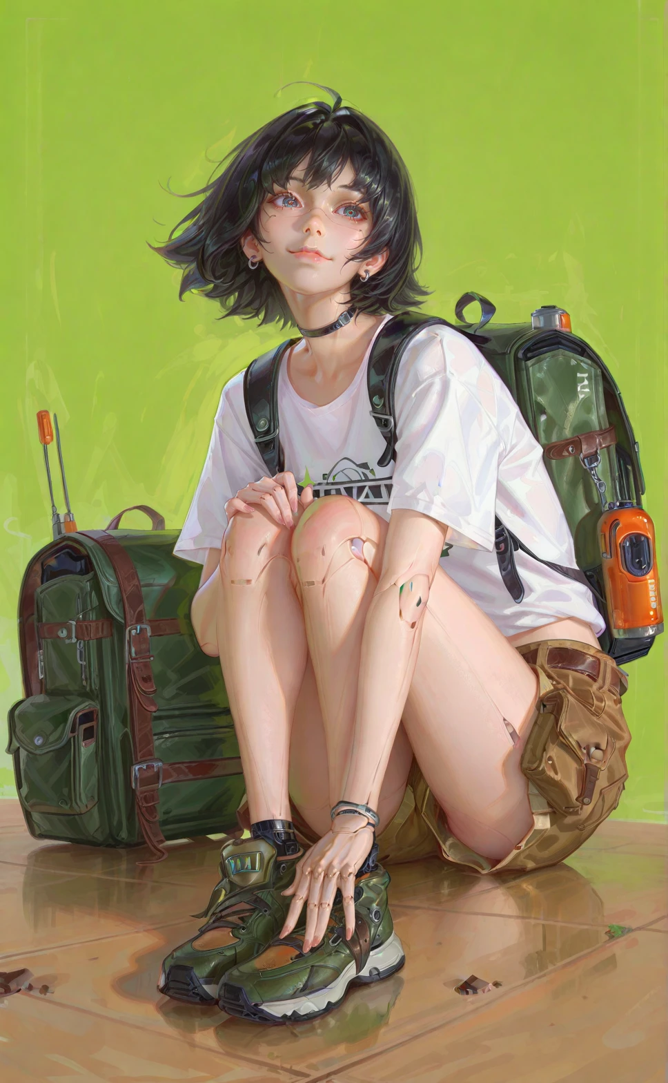 masterpiece, best quality, newest, zhongguoduliu, 1girl, full-body sitting, simple green background, detailed, white t-shirt, black hair, realistic, digital art, anime, boyscout cargo shorts, t-shirt, robotskin, robot joints, nixeu, ilya kuvshinov, digital art, cinematic, full body, happy, light smile, backpack, hands on own knees, <lora:zhongguoduliu-v3-illustrious:1> , <RobotSkinNoobXL_byKonan:0.8>