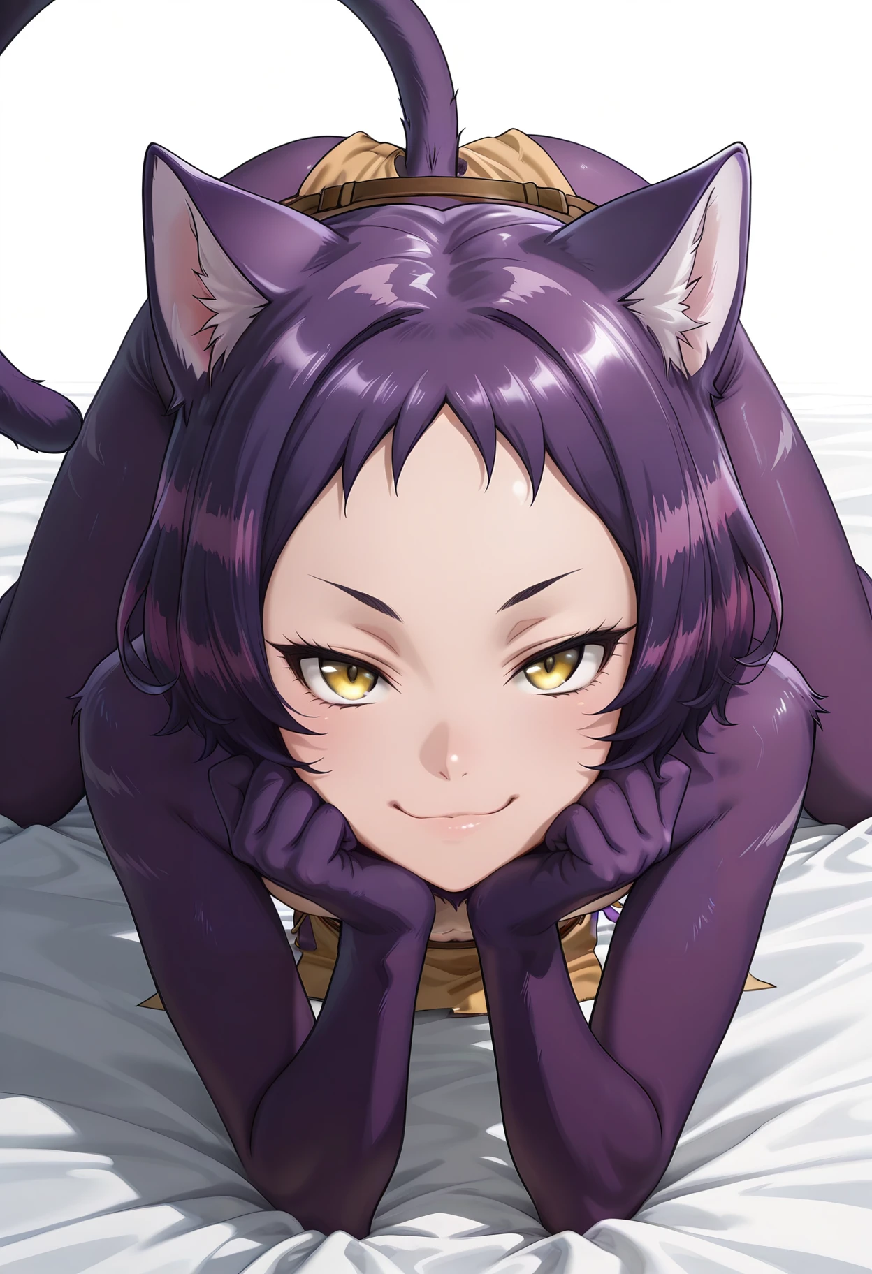 Smooth Quality,masterpiece, ultra realistic, masterpiece, high detailed skin,
simple background, white background,
front view,on stomach,naughty face,
curled fingers,
topless, petite, skinny, bed sheet,
<lora:Myaley_Cnn:0.8> myaley/cnn, cat girl, short hair, cat ears, purple hair, yellow eyes, multicolored hair, cat tail,loincloth,solo,(body fur:1.1),fur,