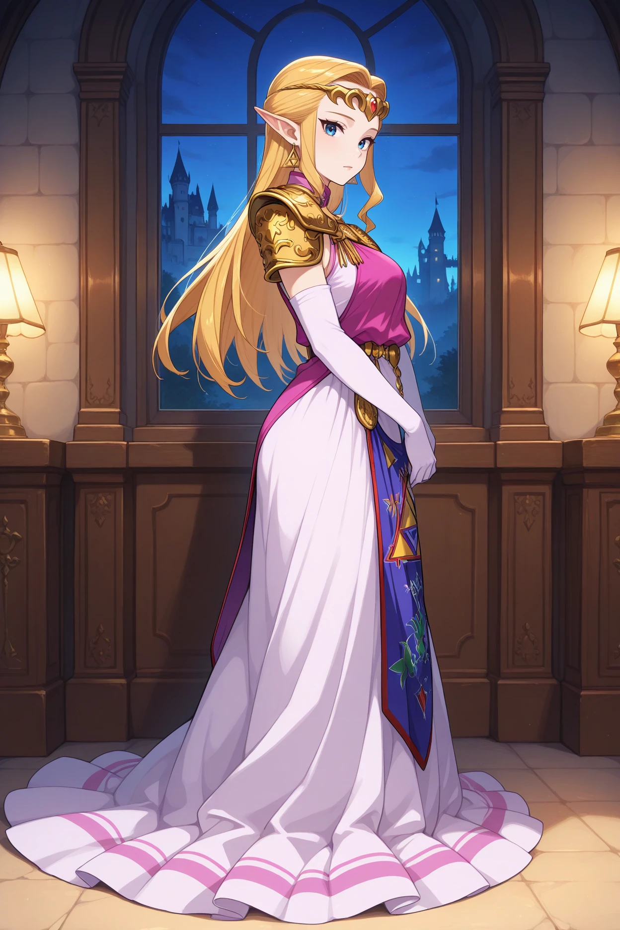 masterpiece, best quality, 1girl, solo <lora:ootzelda-illu-nvwls-v1-000006:1> ocarzld, blonde hair, long hair, sidelocks, blue eyes, pointy ears, gold tiara, earrings, gold armor, shoulder armor, long dress, white dress, magenta tunic, sleeveless tunic, tabard, elbow gloves, white gloves, full body, looking at viewer, from side, night, window, castle, indoors