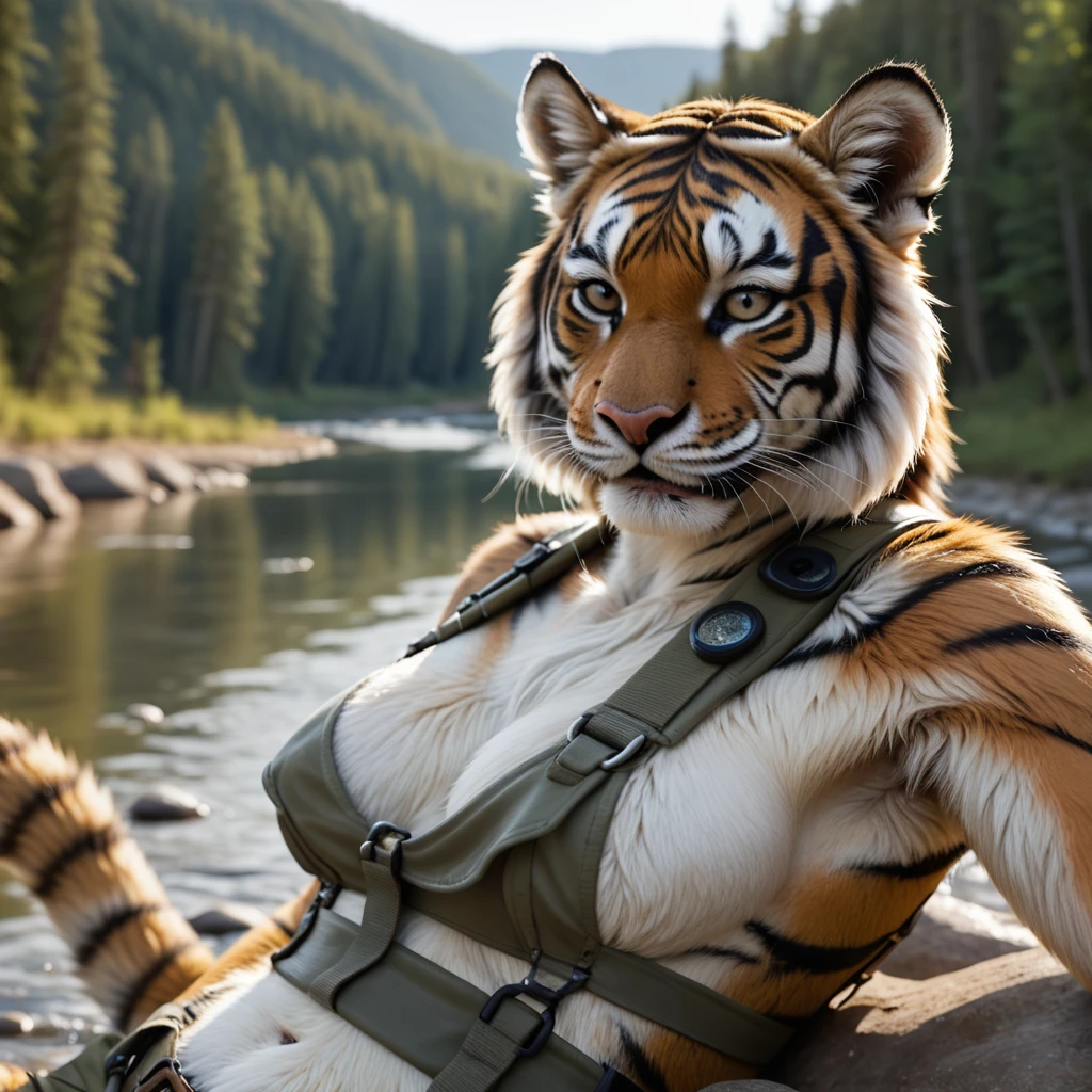 photocrealistic closeup , high detail, (an anthro female siberian tiger), (her ears are small and short), relaxing on a riverbank , wearing explorer outfit,along a river, armpit, tail, detailed breasts