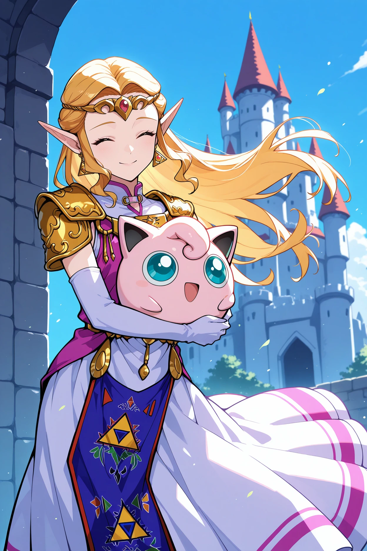 masterpiece, best quality, 1girl, solo <lora:ootzelda-illu-nvwls-v1-000006:1> ocarzld, blonde hair, long hair, sidelocks, closed eyes, pointy ears, gold tiara, earrings, gold armor, shoulder armor, long dress, white dress, magenta tunic, sleeveless tunic, tabard, elbow gloves, white gloves, holding jigglypuff, smile, happy, blue sky, castle, blue sky, looking at another