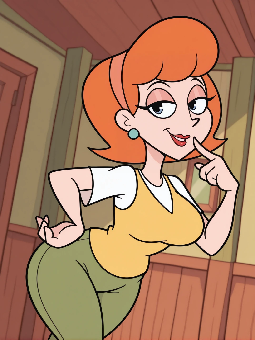 highres, hi res, best quality, masterpiece, RetroXL, toon \(style\), flat color, black eyes,,
1girl, (LindaXL),, orange hair, short hair, blue eyes, hairband, earrings, white shirt, yellow vest, lipstick, green pants,, curvy, mature female,
light smile, dutch angle, naughty pose, looking at viewer, indoors, house, solo, dynamic pose, cowboy shot, head tilt, one hand on hips, one finger on lips, leaning forward, naughty face,
<lora:LyndaXL-ILV2:0.8>, <lora:RetroToonXL_Style-10-IL:1>