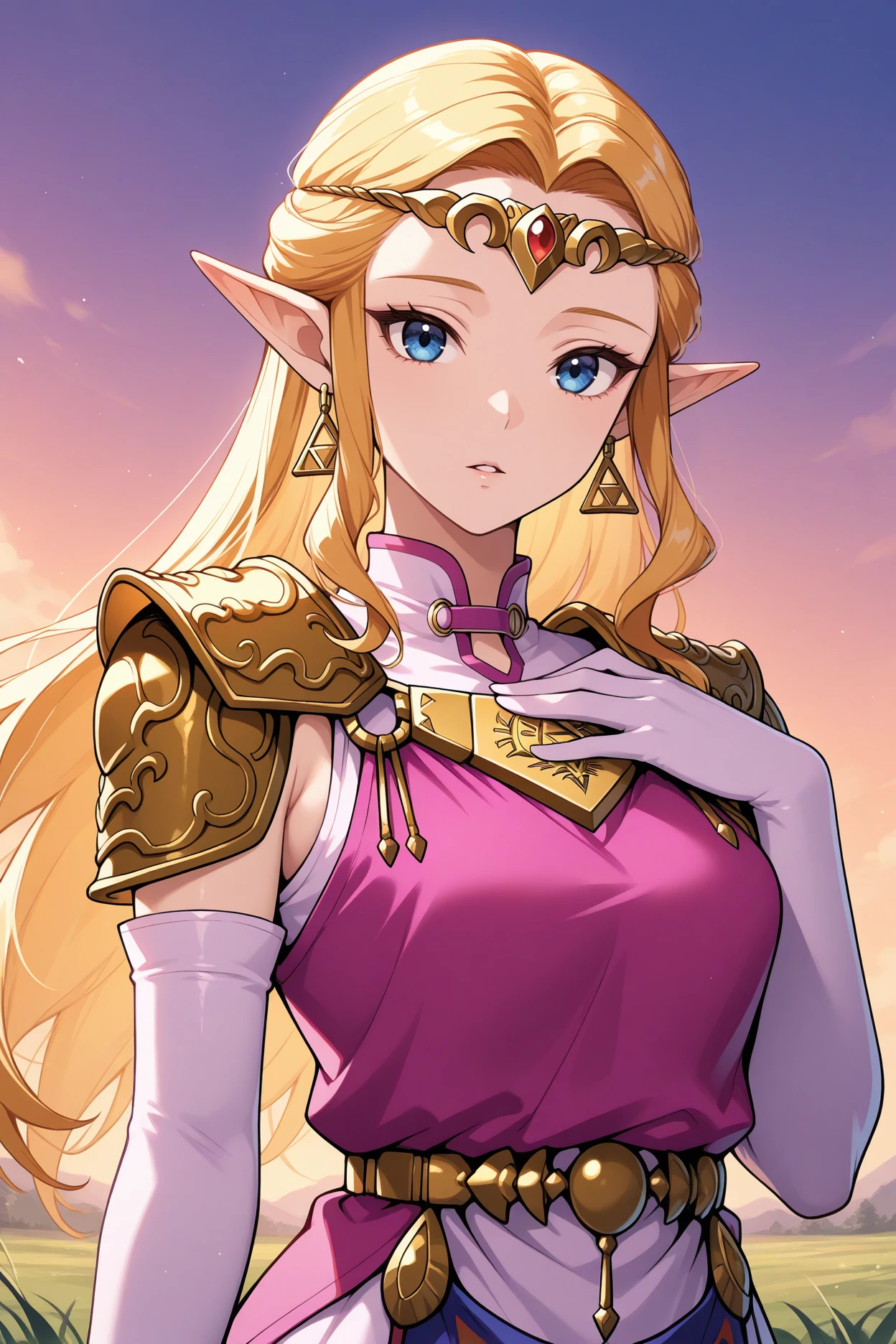 masterpiece, best quality, 1girl, solo <lora:ootzelda-illu-nvwls-v1-000006:1> ocarzld, blonde hair, long hair, sidelocks, blue eyes, pointy ears, gold tiara, earrings, gold armor, shoulder armor, long dress, white dress, magenta tunic, sleeveless tunic, tabard, elbow gloves, white gloves, upper body, sunset, parted lips, looking at viewer, hand on own chest, field,