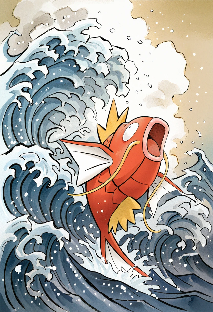 masterpiece, best quality, no humans, ,<lora:MagikarpPokedex_IXL:1.0>, zzMagikarp, open mouth, water, parody, waves, fine art parody