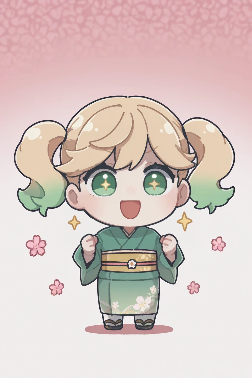 masterpiece, best quality, very aesthetic, newest, absurdres, highres,
1girl, solo,
<lora:WatanabeSarasaIllustriousV1:1> watanabesarasa, blonde hair, green hair, multicolored hair, gradient hair, curly hair, green eyes, twintails,
<lora:Arikuigames1105IllustriousV1:1> arikuigames1105, chibi, full body,
cherry blossoms, smile, open mouth, sparkle, sparkling eyes, clenched hands, kimono,