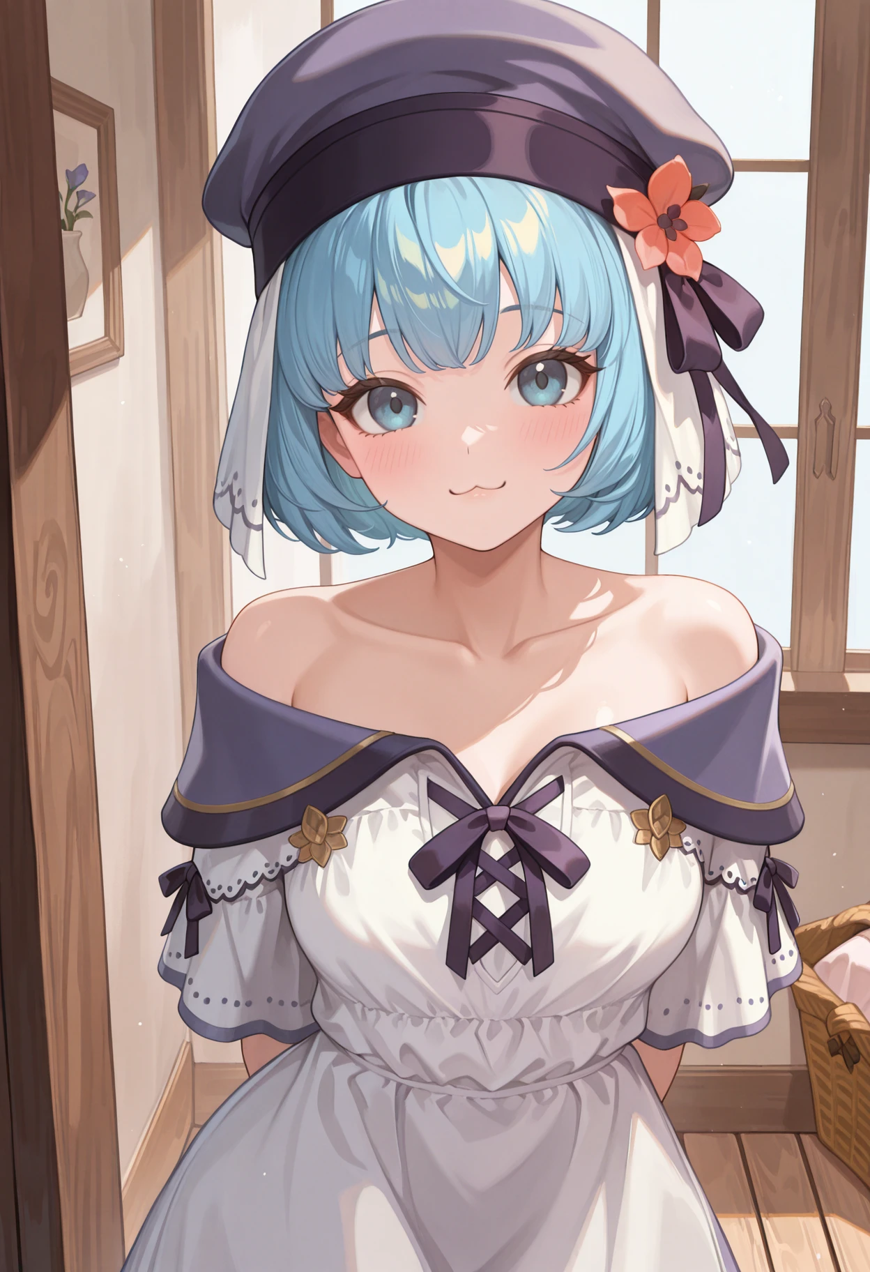 masterpiece, best quality, absurdres, highres, newest, 1girl, <lora:silque-fe-richy-v1_ixl:1> silquepicnic, blue hair, short hair, blue eyes, headdress, beret, hair flower, hair ribbon, breasts, white dress, collarbone, off shoulder, standing, arms behind back, simple background, indoors, :3, blush, looking at viewer,