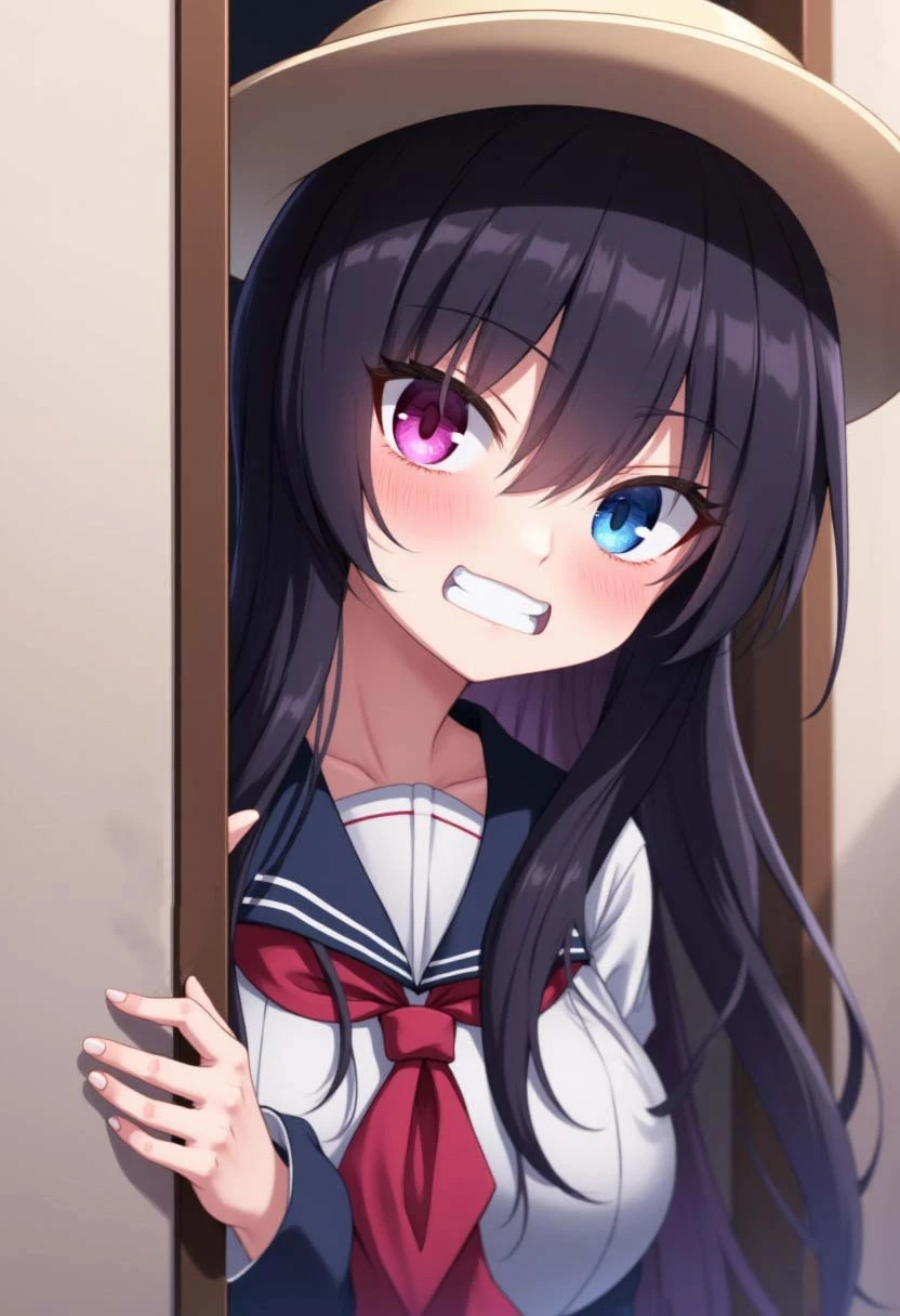 pink eyes, hat, blue eyes, very long hair, black hair, neckerchief, clenched teeth, japanese clothes, peeking out, upper body, hiding behind wall, angry