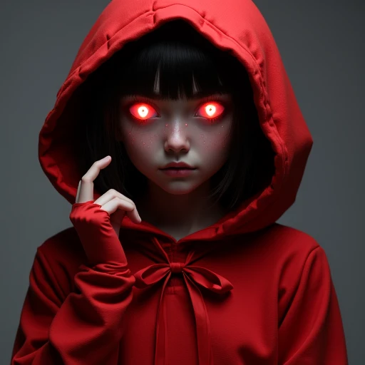 symbol-shaped pupils, hood, red dress, no humans, red ribbon, glowing eyes, gloves, colored skin, long sleeves