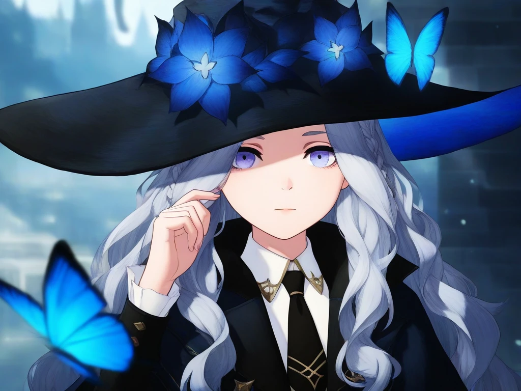 general,highres, ultra-detailed,very aesthetic,best quality ,best hands, BREAK <lora:Saryu_NieR_Reincarnation_IS:1>
Saryu(NieR_Reincarnation), 1girl, solo, long hair, grey hair, hair ornament, purple eyes, witch, witch hat, long sleeves, coat, blue butterfly,
hat, looking at viewer, necktie, ribbon, shirt, upper body, blue eyes, closed mouth, white shirt, jacket, black necktie, collared shirt, braid, portrait, crescent,