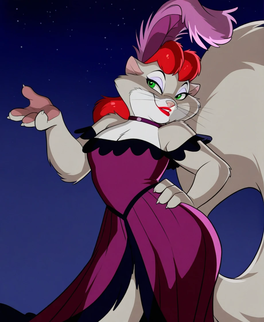 masterpiece, highly detailed, solo, miss kitty, female, green eyes, lipstick, red hair, feather headwear, dress, collar, smirk, one hand on hip, night sky, by jindragowolf, <lora:MissKittyXL_04-Illus-nd32-na32-lr2-ep17:1>