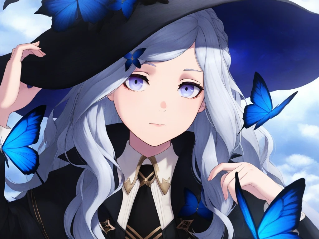 general,highres, ultra-detailed,very aesthetic,best quality ,best hands, BREAK <lora:Saryu_NieR_Reincarnation_IS:1>
Saryu(NieR_Reincarnation), 1girl, solo, long hair, grey hair, hair ornament, purple eyes, witch, witch hat, long sleeves, coat, blue butterfly,
hat, looking at viewer, necktie, ribbon, shirt, upper body, blue eyes, closed mouth, white shirt, jacket, black necktie, collared shirt, braid, portrait, crescent,
