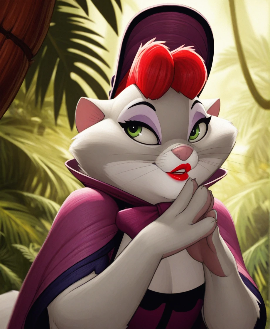 masterpiece, highly detailed, solo, miss kitty, female, green eyes, lipstick, red hair, bonnet, cloak, hands together, jungle, by pixelsketcher, <lora:MissKittyXL_04-Illus-nd32-na32-lr2-ep17:1>