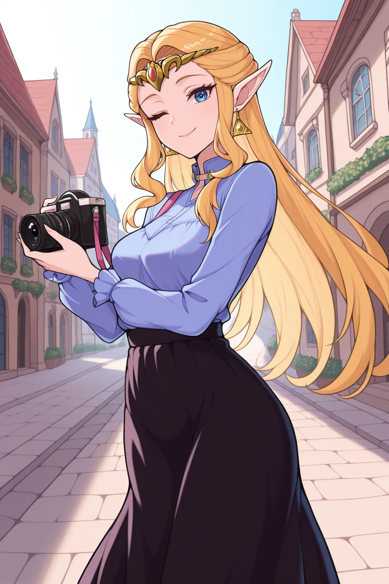 masterpiece, best quality, 1girl, solo <lora:ootzelda-illu-nvwls-v1-000006:1> ocarzld, blonde hair, long hair, sidelocks, pointy ears, gold tiara, earrings, blue blouse, black skirt, long skirt, wink, smile, street, holding camera, european architecture, blue eyes