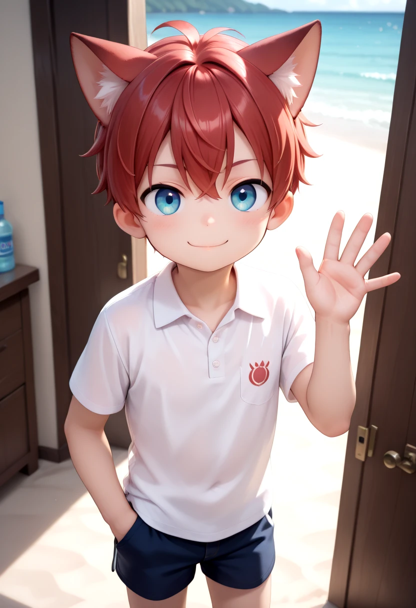 detailed eyes,beach, aki, 1boy, (crimson hair:1.2), white polo shirt, happy, male, male focus, closed mouth, blue eyes, cat boy, (red cat ears:1.2), looking at viewer,male, male focus, inside, corridors, vivid colors, masterpiece, high quality, very_high_resolution, large_filesize, full color, detailed face, one hand in pocket, waving pose, shorts