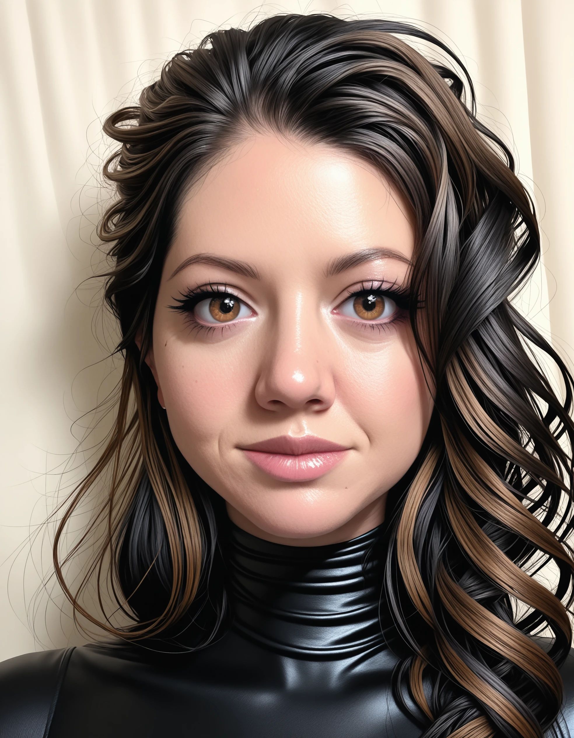 high contrast,masterpiece,best quality,amazing quality,very aesthetic,high resolution,ultra-detailed,absurdres,detailed eyes,
1girl,Irina,woman,mature female,looking at viewer,closed mouth,large iris,brown eyes,black hair,long hair,
portrait,detailed,bodysuit,soft freckles,luminous lips,swirling,floating_hair,long_hair,looking_at_viewer,intense_eyes,radiant_eyes,sparkling_eyes,captivating,
explicit,<lora:Irina_Illustrious>,<lora:reij-rt:0.6>,