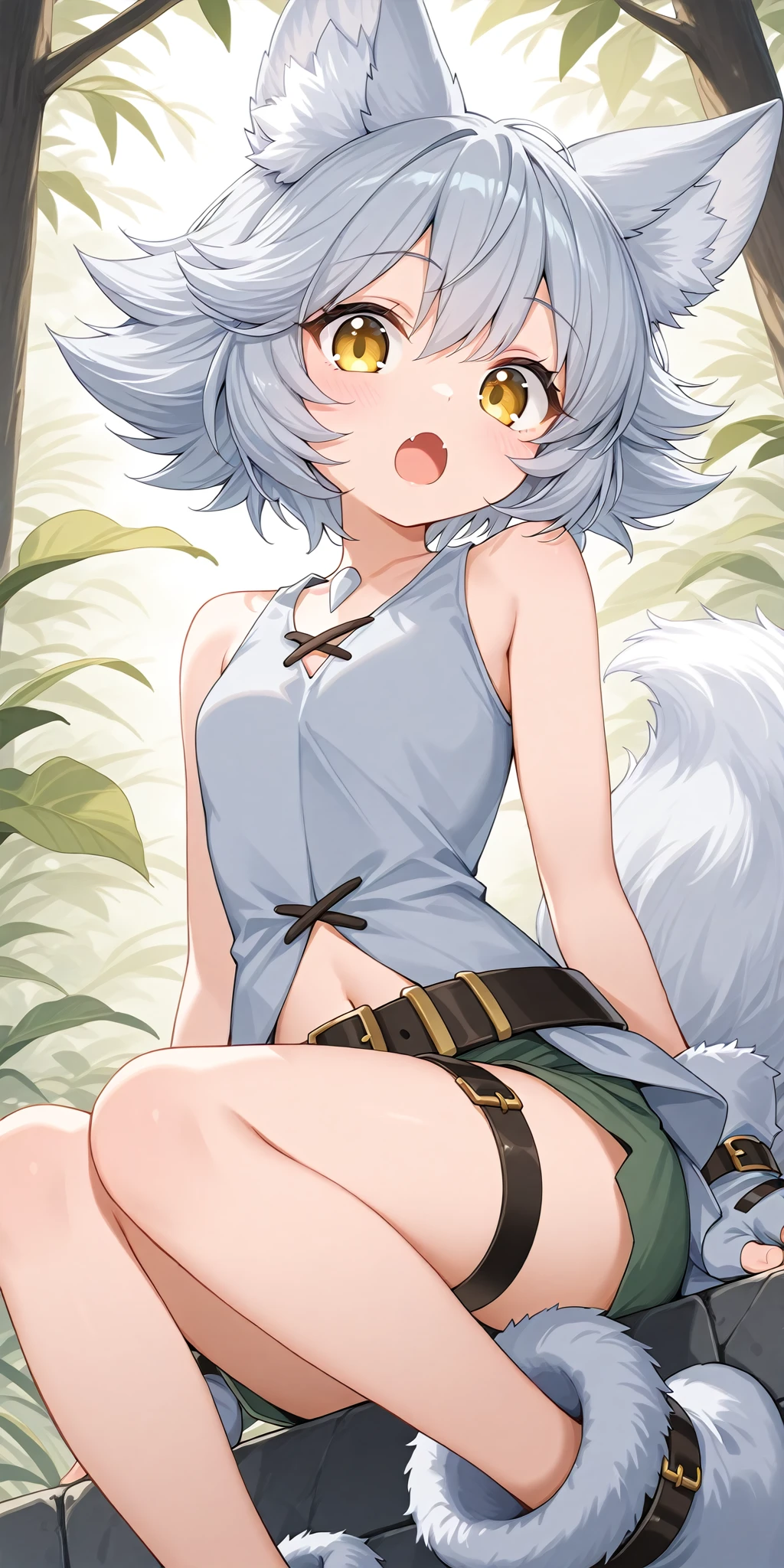 1girl,masterpiece,((upper body)),upper body,
<lora:Silvie - Grand Archive:1>,short hair,grey hair,tail,yellow eyes,1girl,solo,looking at viewer,open mouth,sitting,fingerless gloves,paw shoes,thigh strap,green shorts,grey tank top,belt,
