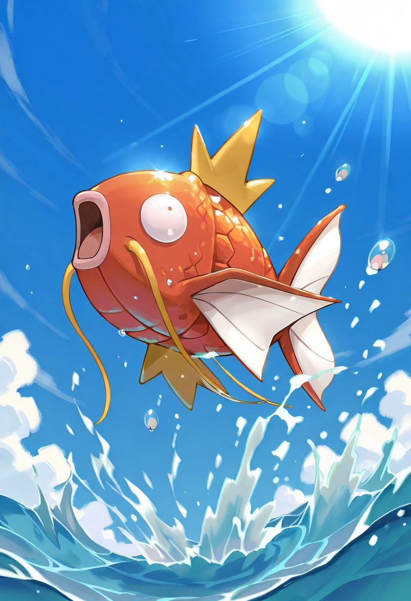 masterpiece, best quality, no humans, ,<lora:MagikarpPokedex_IXL:1.0>, zzMagikarp, jumping out of the water, droplets splashing around, bright blue sky, sunlight reflecting off golden scales, dynamic pose, vibrant rippling water, energetic and lively