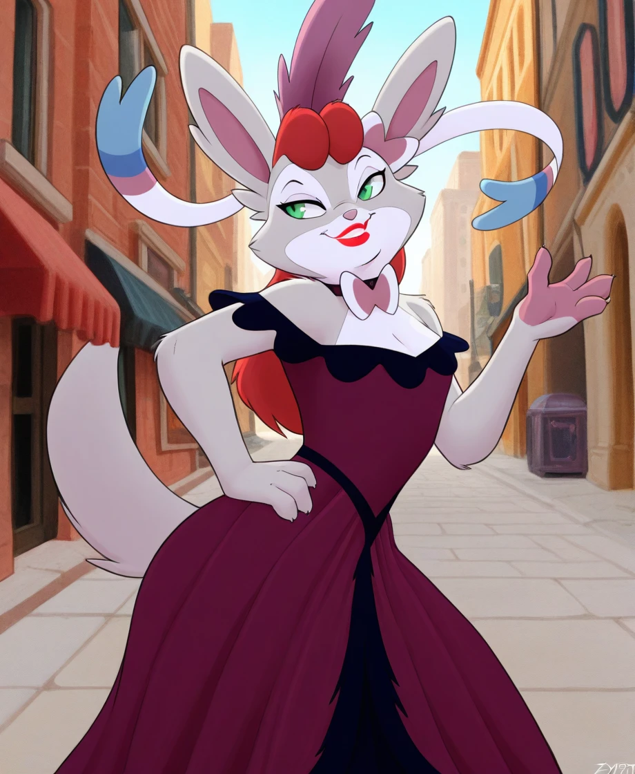 masterpiece, highly detailed, solo, miss kitty, sylveon, anthro, female, pokemon, pokemon \(species\), generation 6 pokemon, green eyes, lipstick, red hair, feather headwear, dress, collar, smirk, one hand on hip, city street, day, by zypett, <lora:MissKittyXL_04-Illus-nd32-na32-lr2-ep17:1>