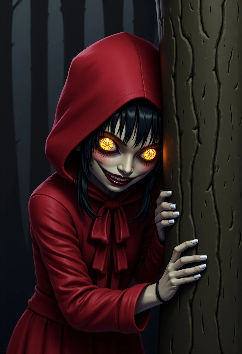 symbol-shaped pupils, hood, red dress, no humans, red ribbon, glowing eyes, gloves, colored skin, long sleeves, peeking out,  upper body, hiding behind tree, creepy,