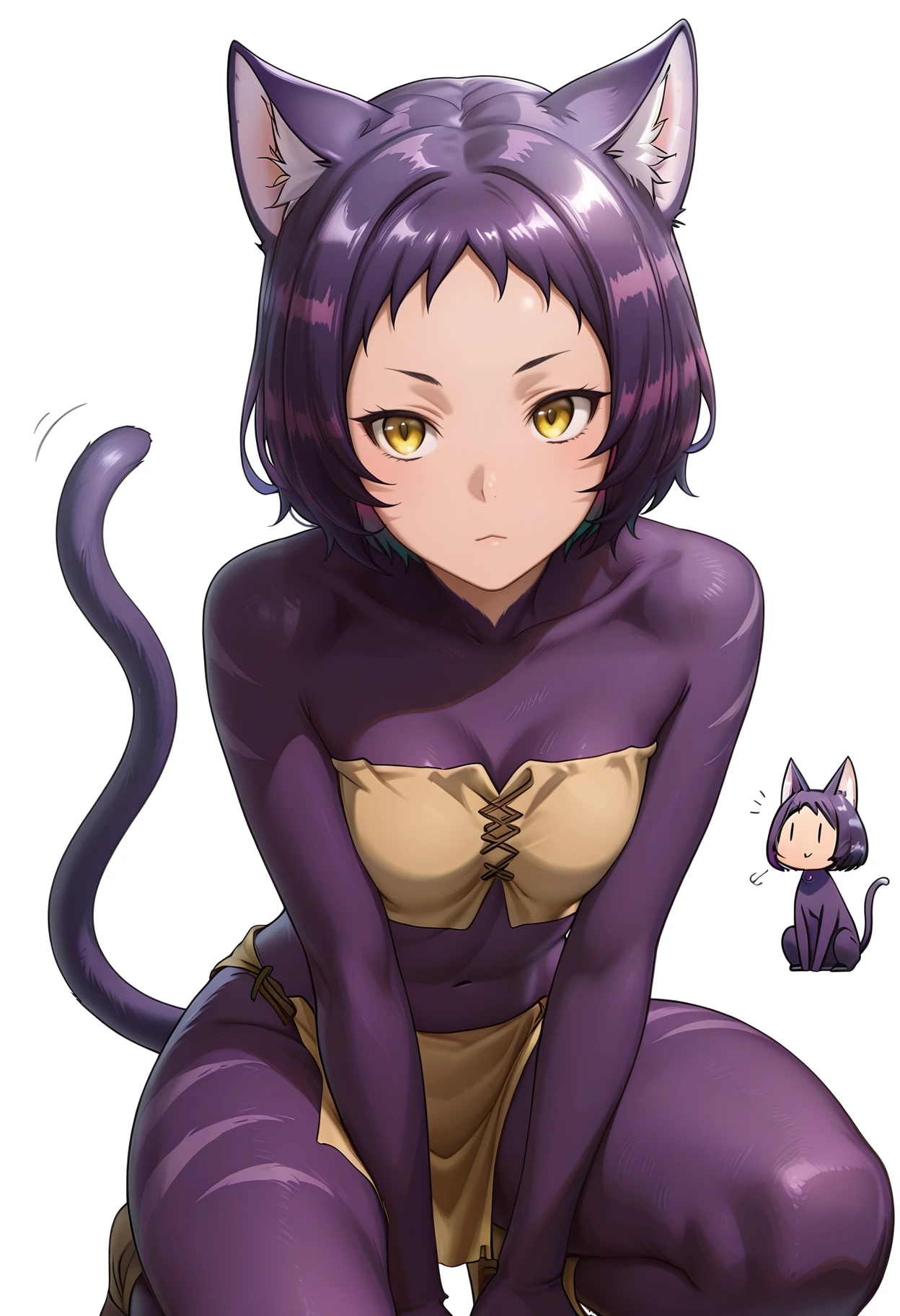 Smooth Quality,masterpiece, ultra realistic, masterpiece, high detailed skin,
simple background, white background,
front view,on one knee,
inward v,| |,
<lora:Myaley_Cnn:0.8> myaley/cnn, cat girl, short hair, cat ears, purple hair, yellow eyes, multicolored hair, cat tail,loincloth,