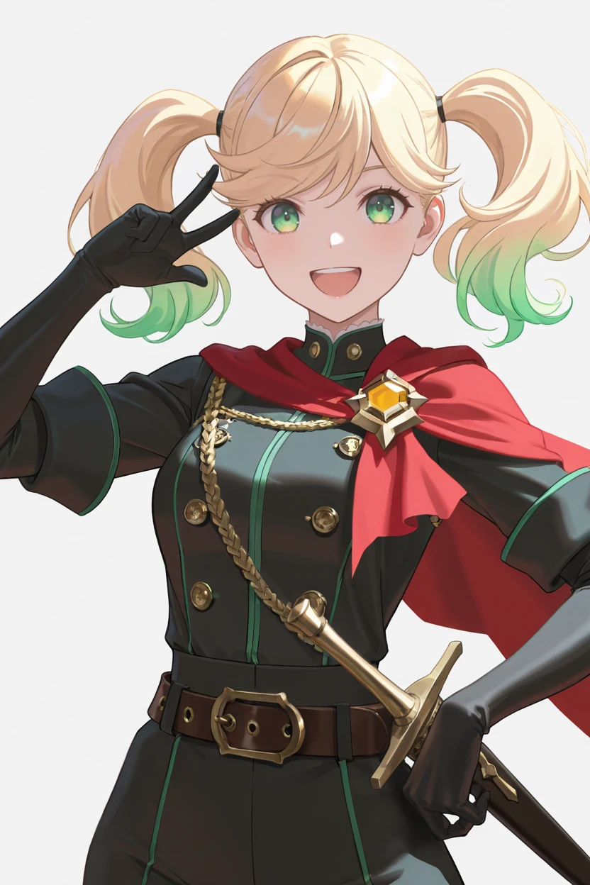 masterpiece, best quality, very aesthetic, newest, absurdres, highres,
1girl, solo,
 <lora:WatanabeSarasaIllustriousV1:1> watanabesarasa, blonde hair, green hair, multicolored hair, gradient hair, curly hair, green eyes,  twintails, 
looking at viewer, smile, open mouth, gloves, white background, jewelry, black gloves, elbow gloves, belt, sword, cape, sheath, sheathed, red cape