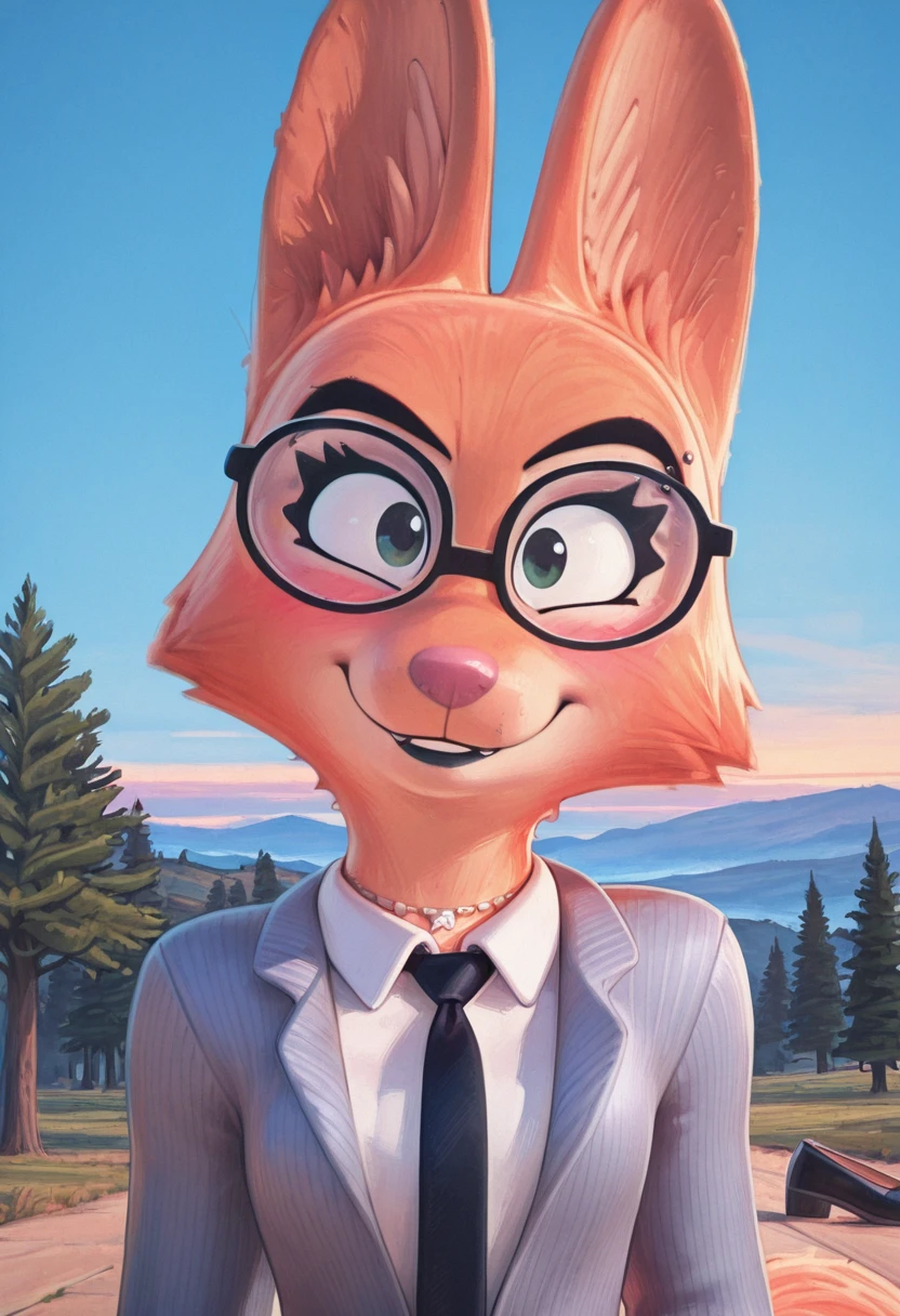 best quality, amazing quality, masterpiece, 1girl, looking at viewer, solo, cute, blush, smile, <lora:DianeFoxingtonIL:0.9>, diane foxington, emerald eyes, orange fur, fox girl, fox tail, pink nose, eyebrow piercing, standing, outdoors, sky, evening, tree, blue sky, formal, grey suit, white shirt, collared shirt, black necktie, black framed glasses, trousers, bracelet, necklace, black shoes, close, upper body, face focus, pixelsketcher , <lora:PixelsketcherIL:1>