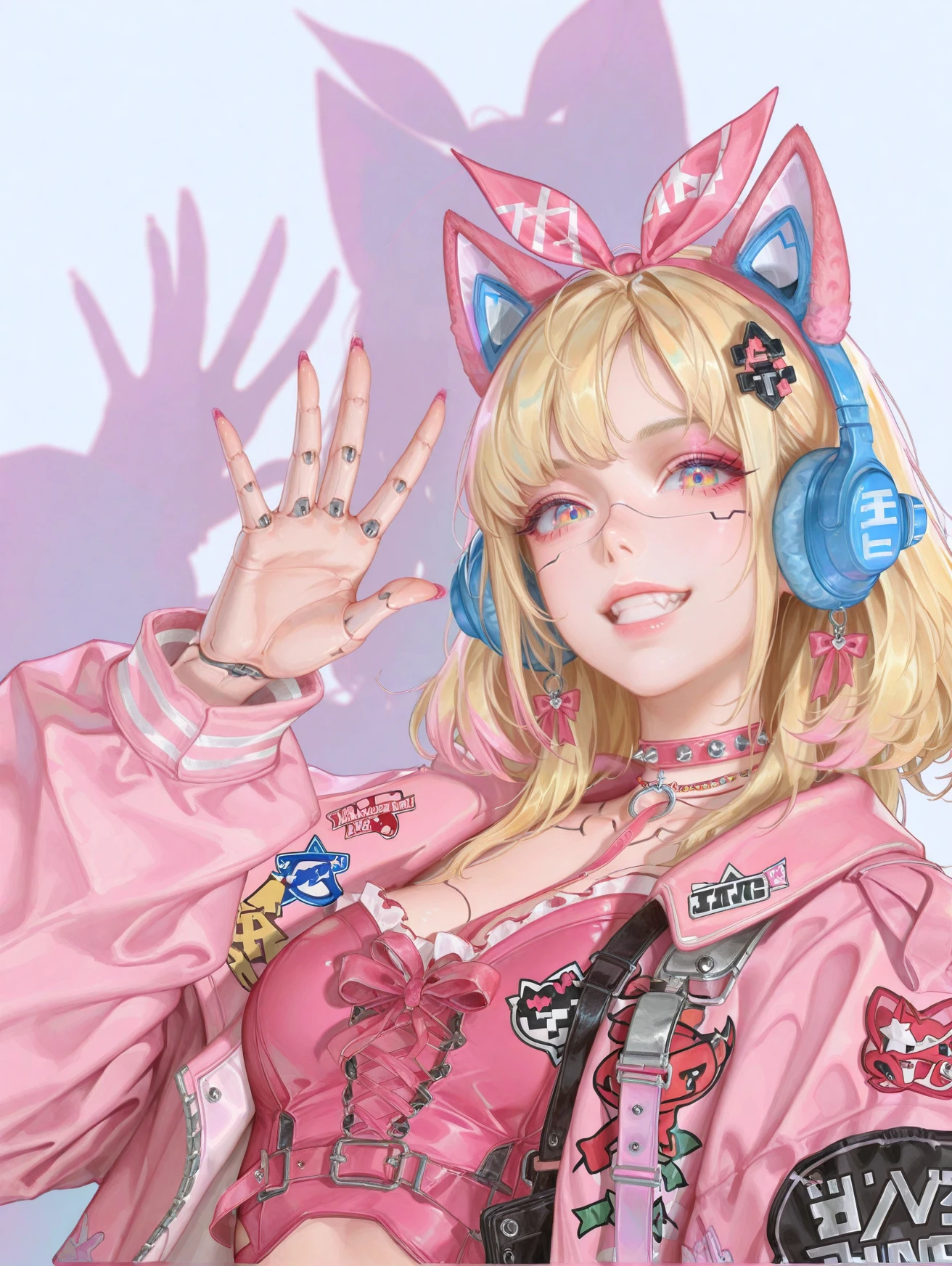 masterpiece, best quality, zhongguoduliu, 1girl, solo, upper body, robot joints, fashion, open jacket, choker, drop shadow, simple background, smile, teeth, ulzzang, pastel pink jacket, blonde hair, patch on jacket, multicolored eyes, jirai kei, hair ornament, hand up,
<lora:zhongguoduliu-v3-illustrious:0.9> , <lora:RobotSkinNoobXL_byKonan:0.8>, headphones, cat ears, hairband, looking at viewer, poster \(medium\),