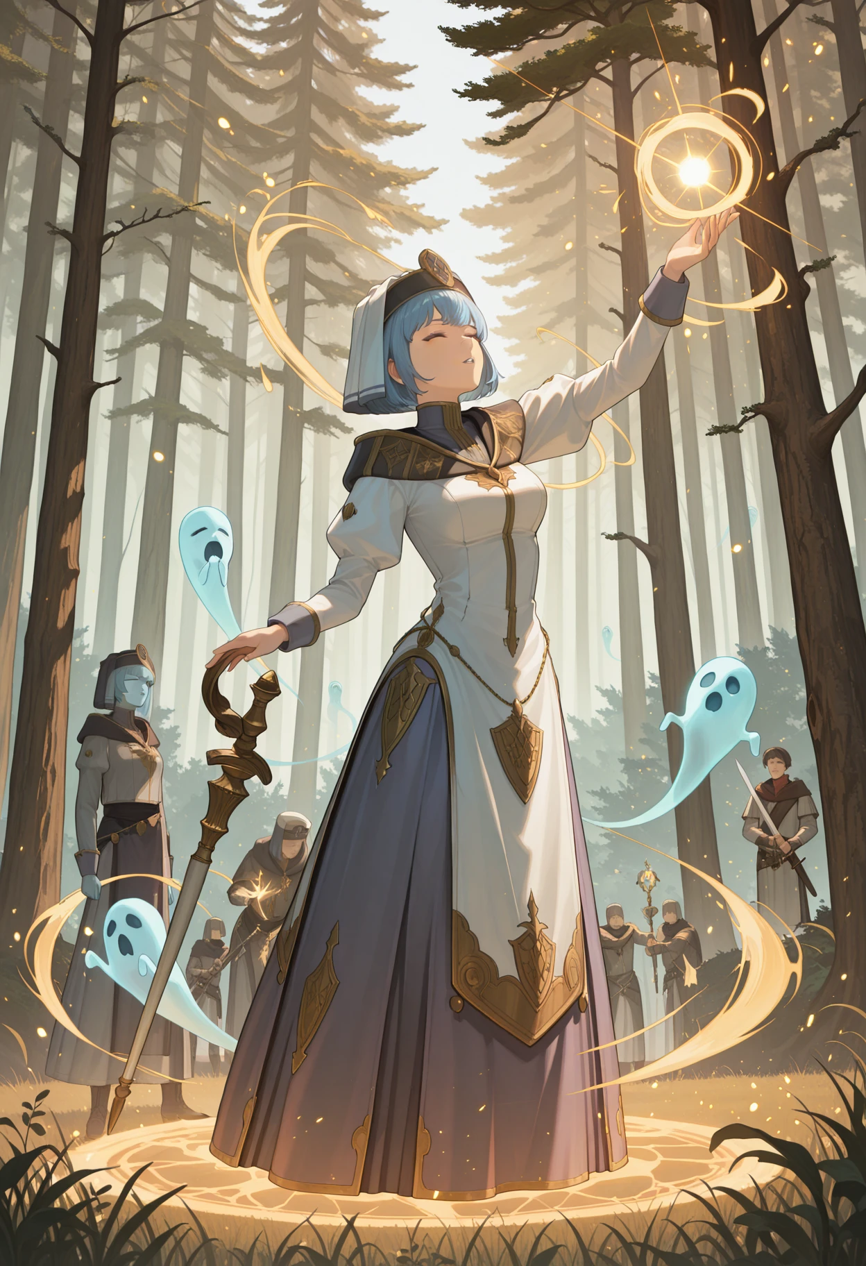 masterpiece, best quality, absurdres, highres, newest, 1girl, <lora:silque-fe-richy-v1_ixl:1> silquedef, blue hair, short hair, closed eyes, veil, breasts, dress, closed eyes, parted lips, looking up, standing, full body, ghost, multiple boys, holding sword, sword, army of ghosts, outdoors, forest, field, holding staff, casting spell, magic, hand up, glowing, blue ghost, blue skin