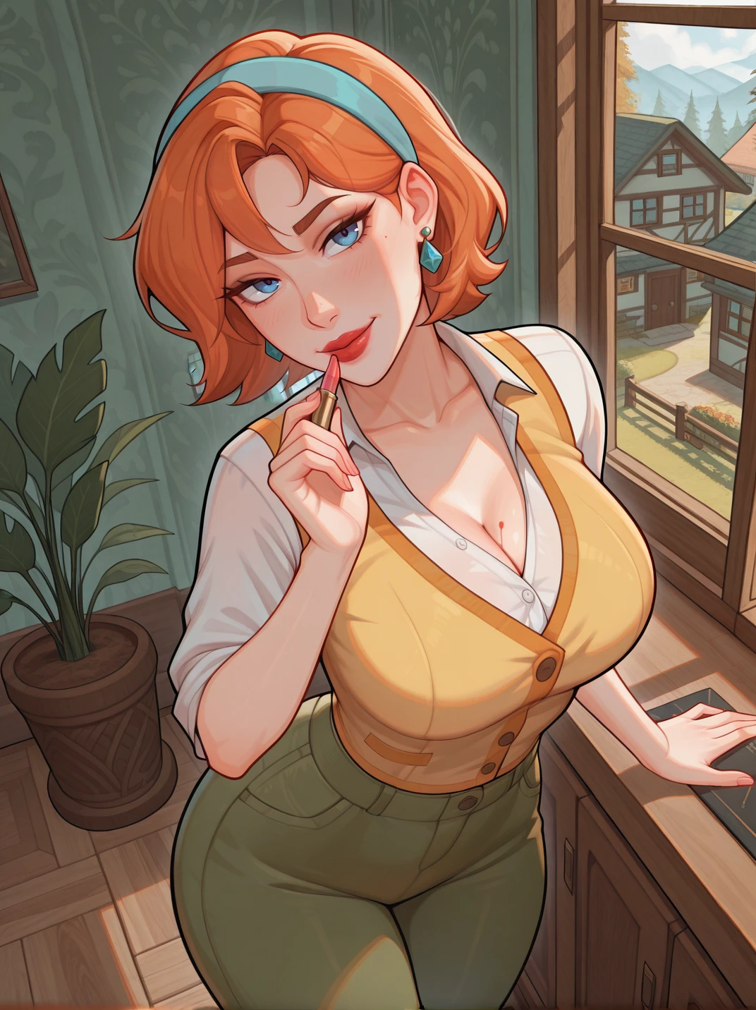 highres, hi res, best quality, masterpiece,
1girl, (LindaXL),, orange hair, short hair, blue eyes, hairband, earrings, white shirt, yellow vest, lipstick, green pants,, curvy, mature female, large breasts,
light smile, dutch angle, naughty pose, looking at viewer, indoors, house, window, plant, solo, dynamic pose, cowboy shot, head tilt, applying makeup, holding red lipstick, naughty face, from above,
<lora:LyndaXL-ILV2:0.8>, <lora:frostbitev2_Illu_dwnsty:1>, frostbite,